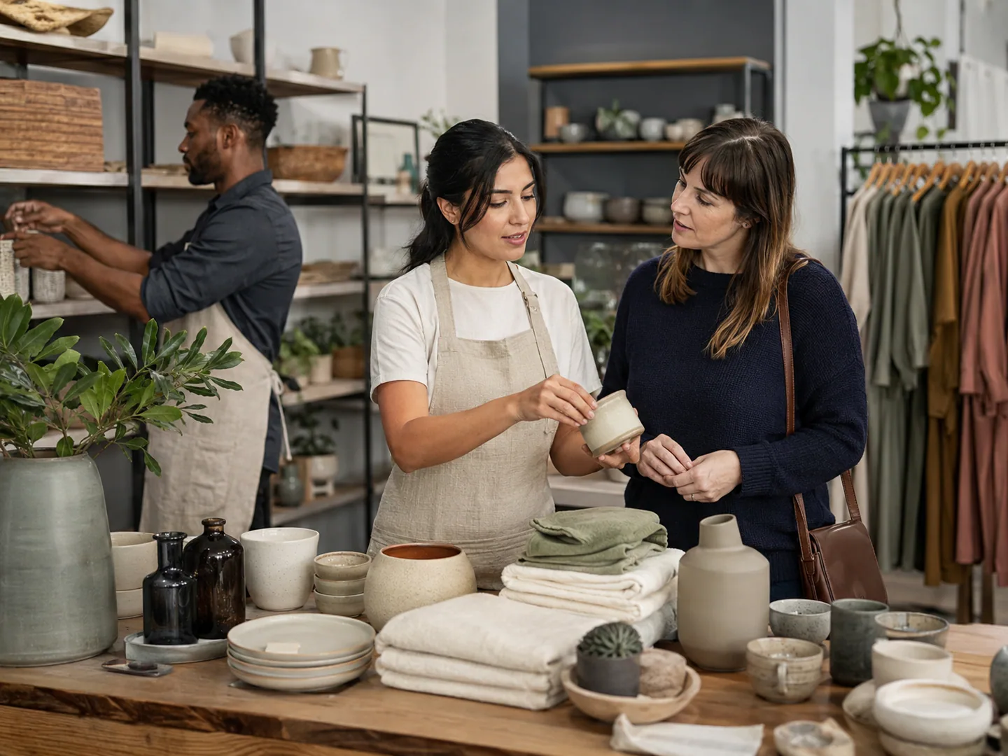 Retail store team assisting a shopper with real products
