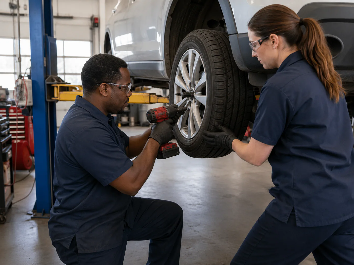 Tire technician installing or inspecting tires in a real shop