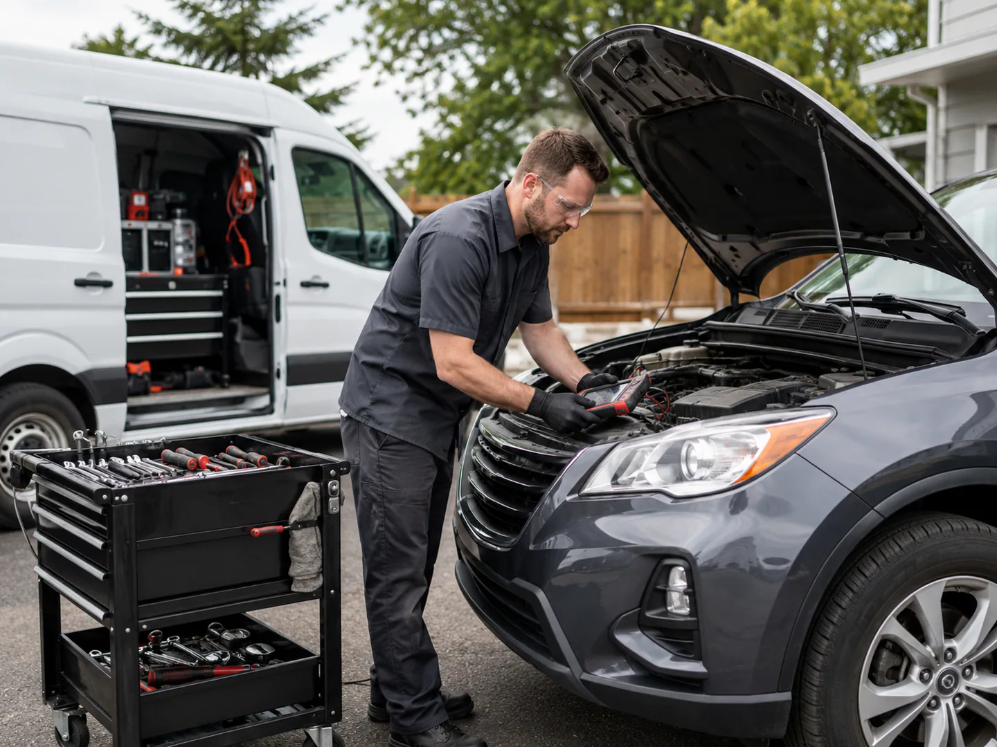 Mobile mechanic servicing a vehicle at a customer location