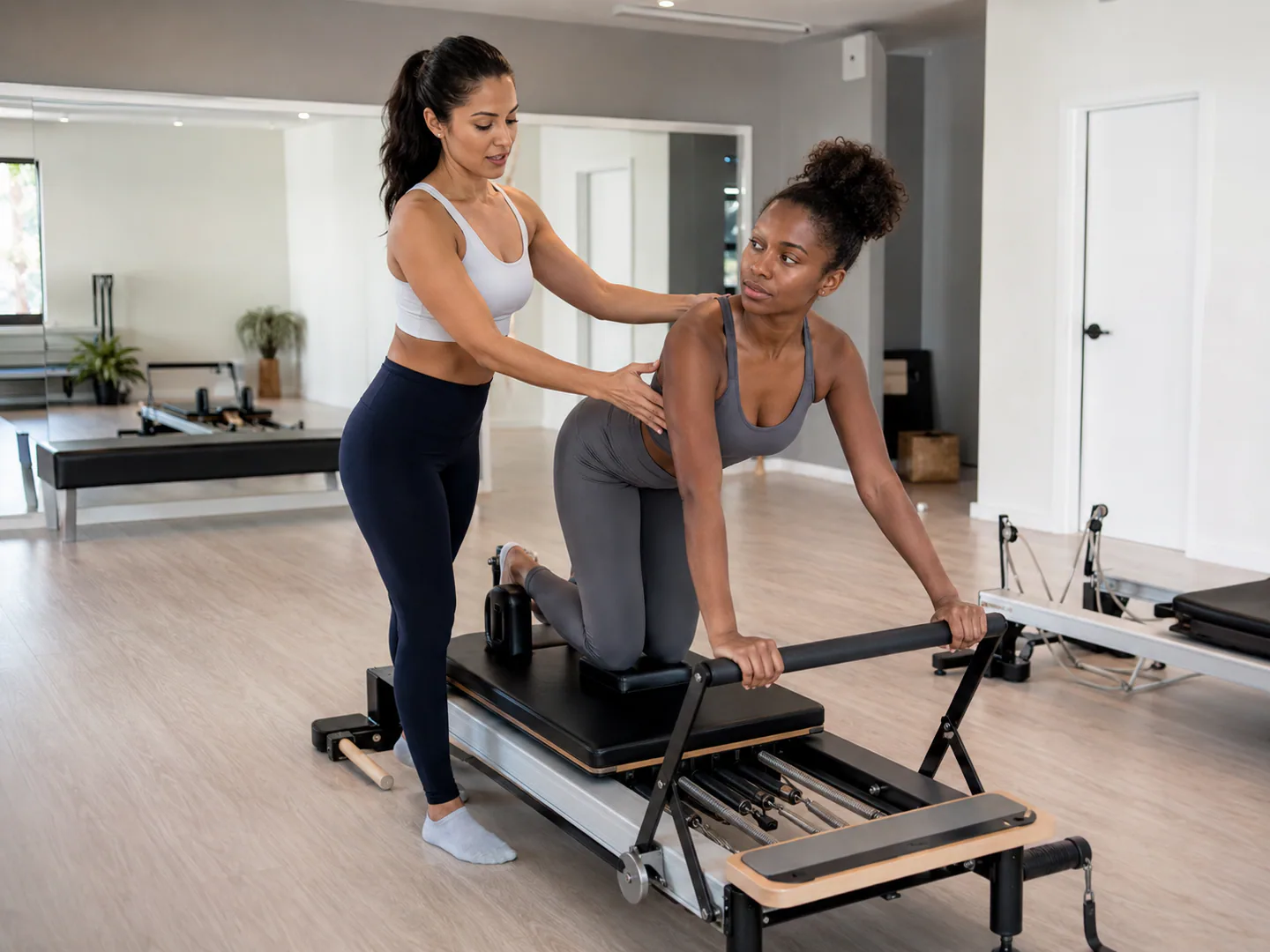 Pilates instructor guiding clients in a professional studio with appropriate equipment