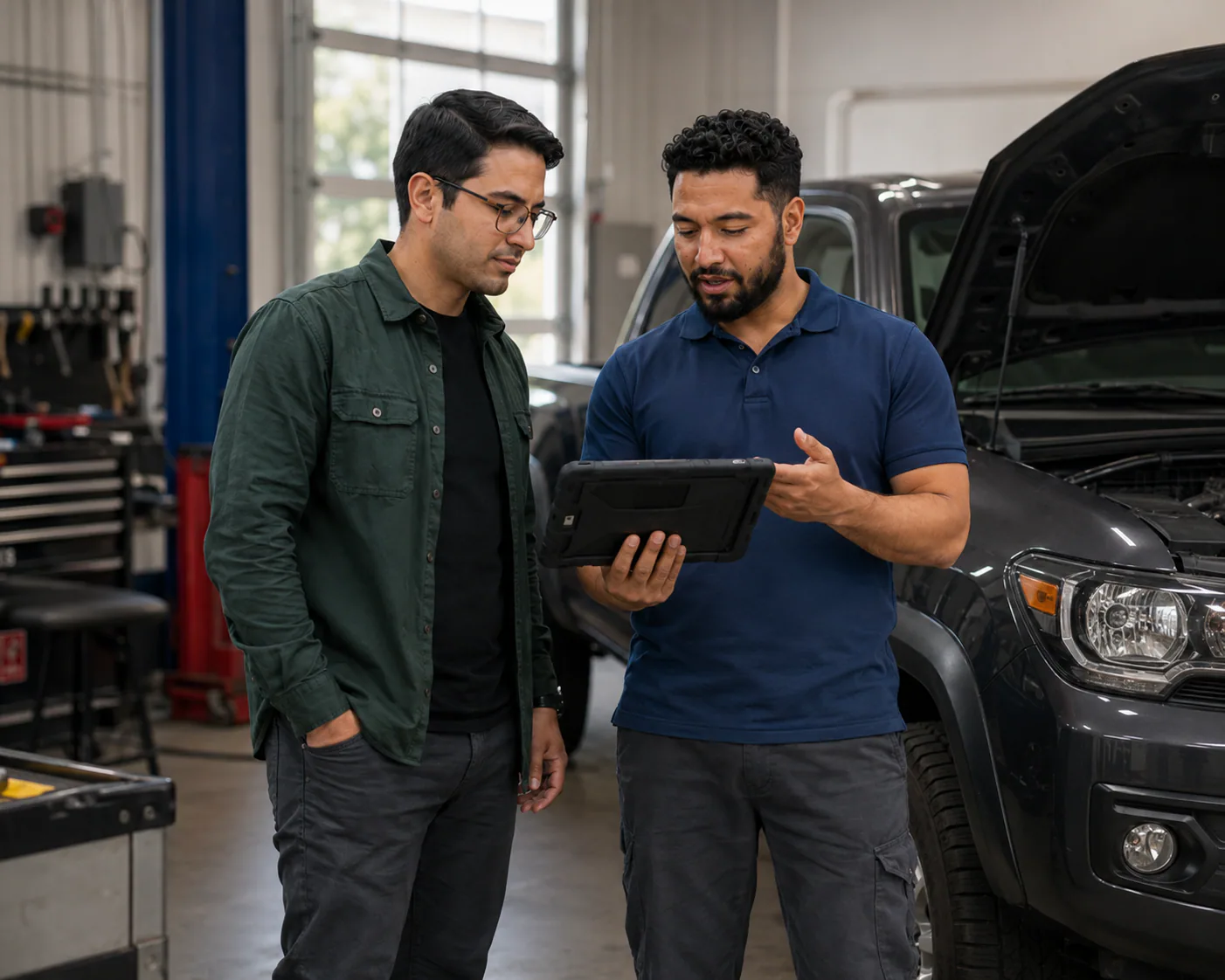 Dale Works validando una aplicación de gestión de trabajos hecha a medida dentro de un taller automotriz