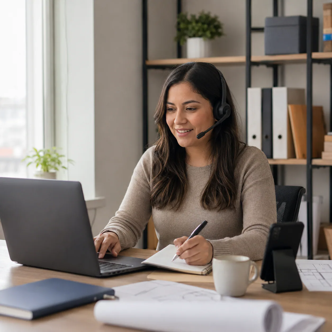 Remote bilingual coordinator working with headset email calendar and CRM