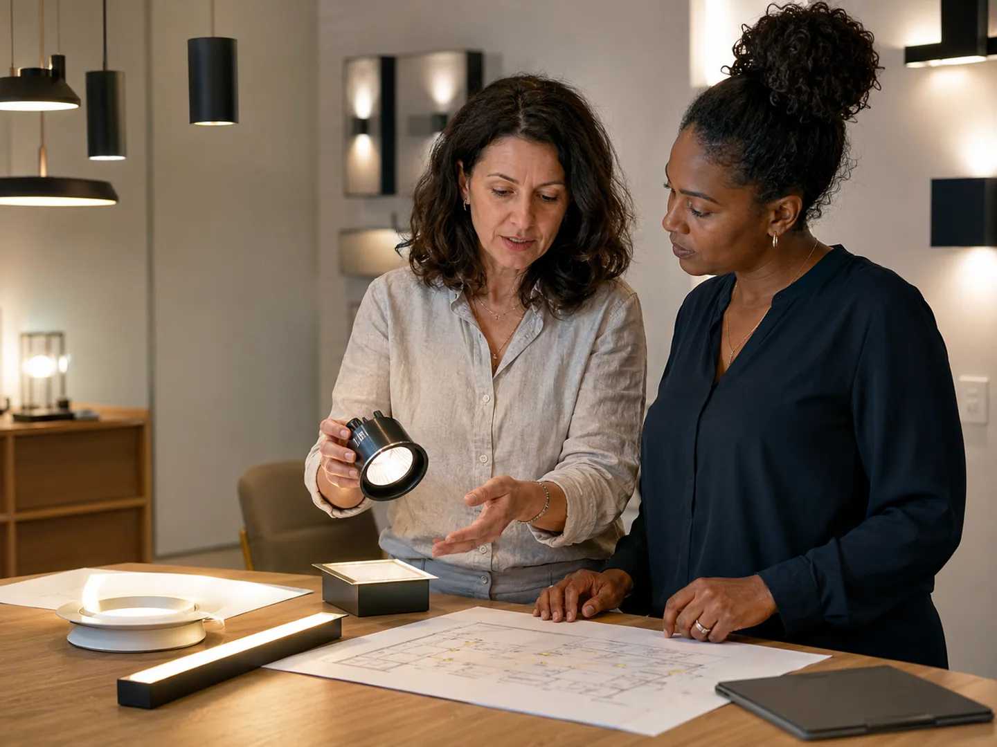 Lighting designer reviewing fixture samples and lighting plans