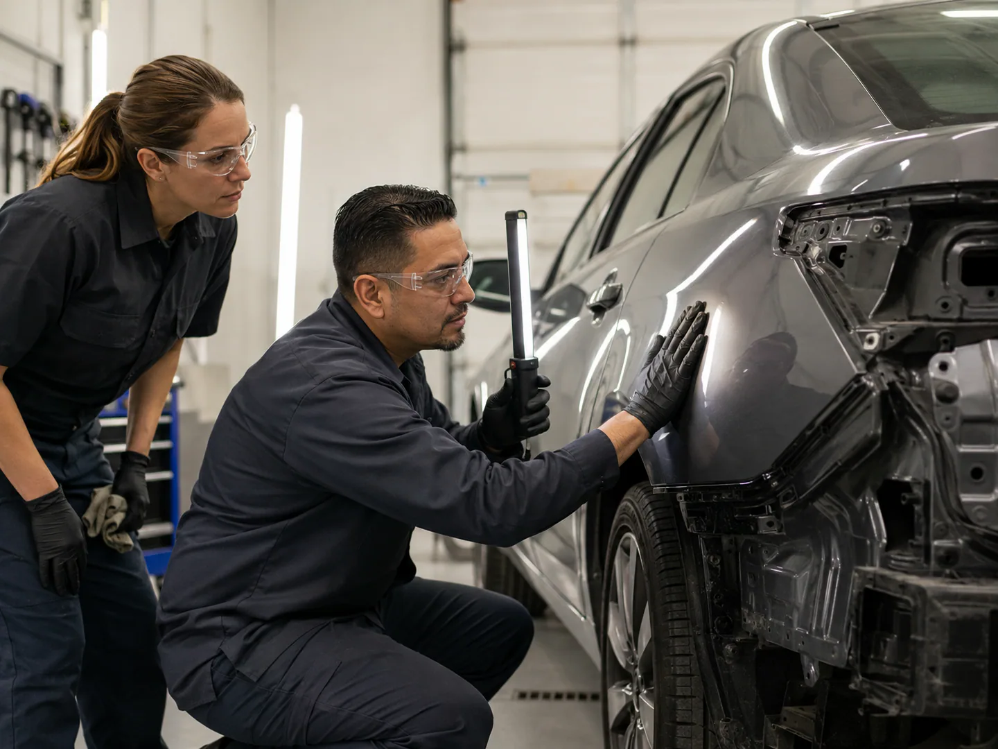 Body shop technician repairing a vehicle panel in a professional facility
