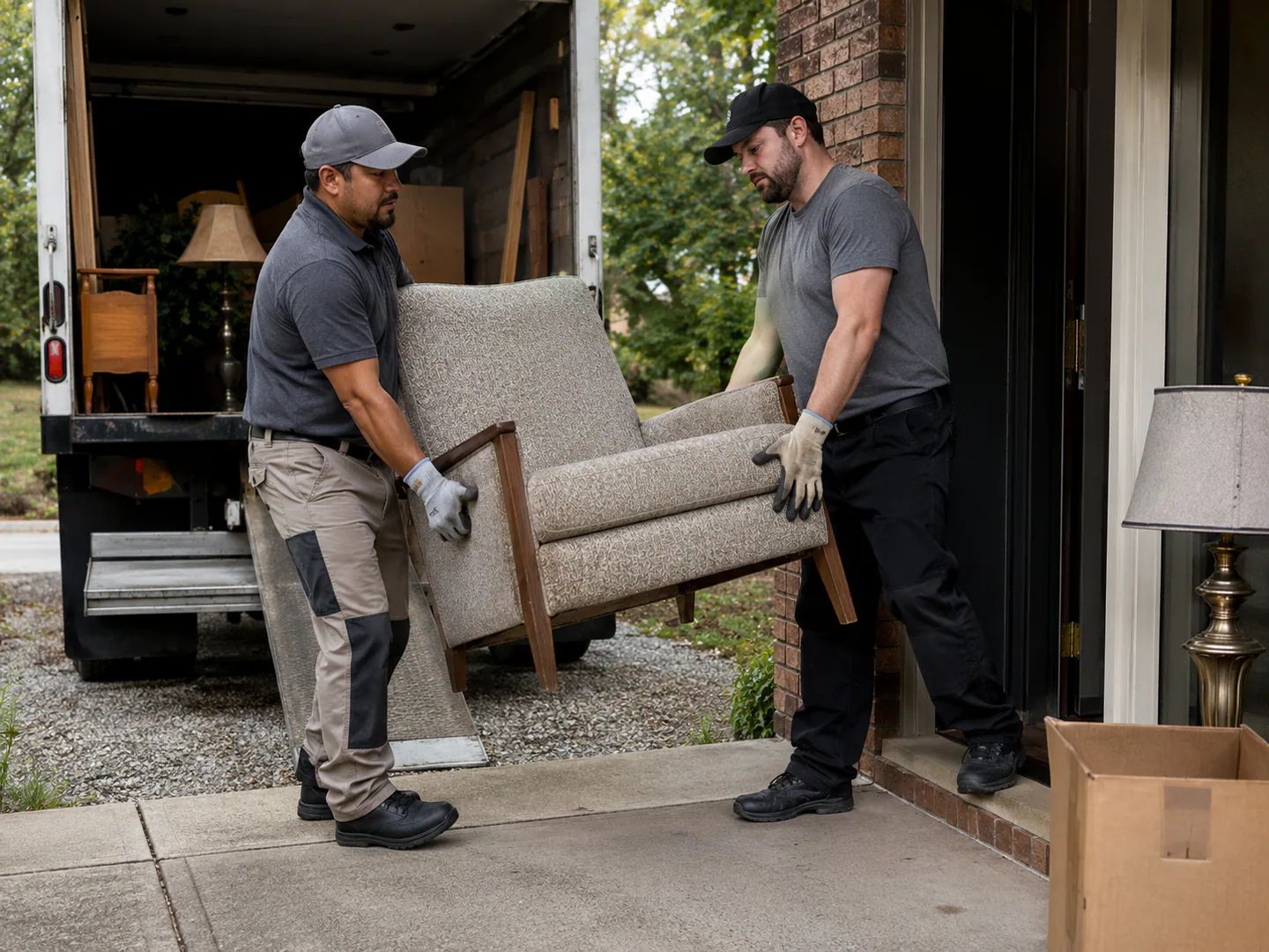 Moving crew handling furniture and boxes at a real residence