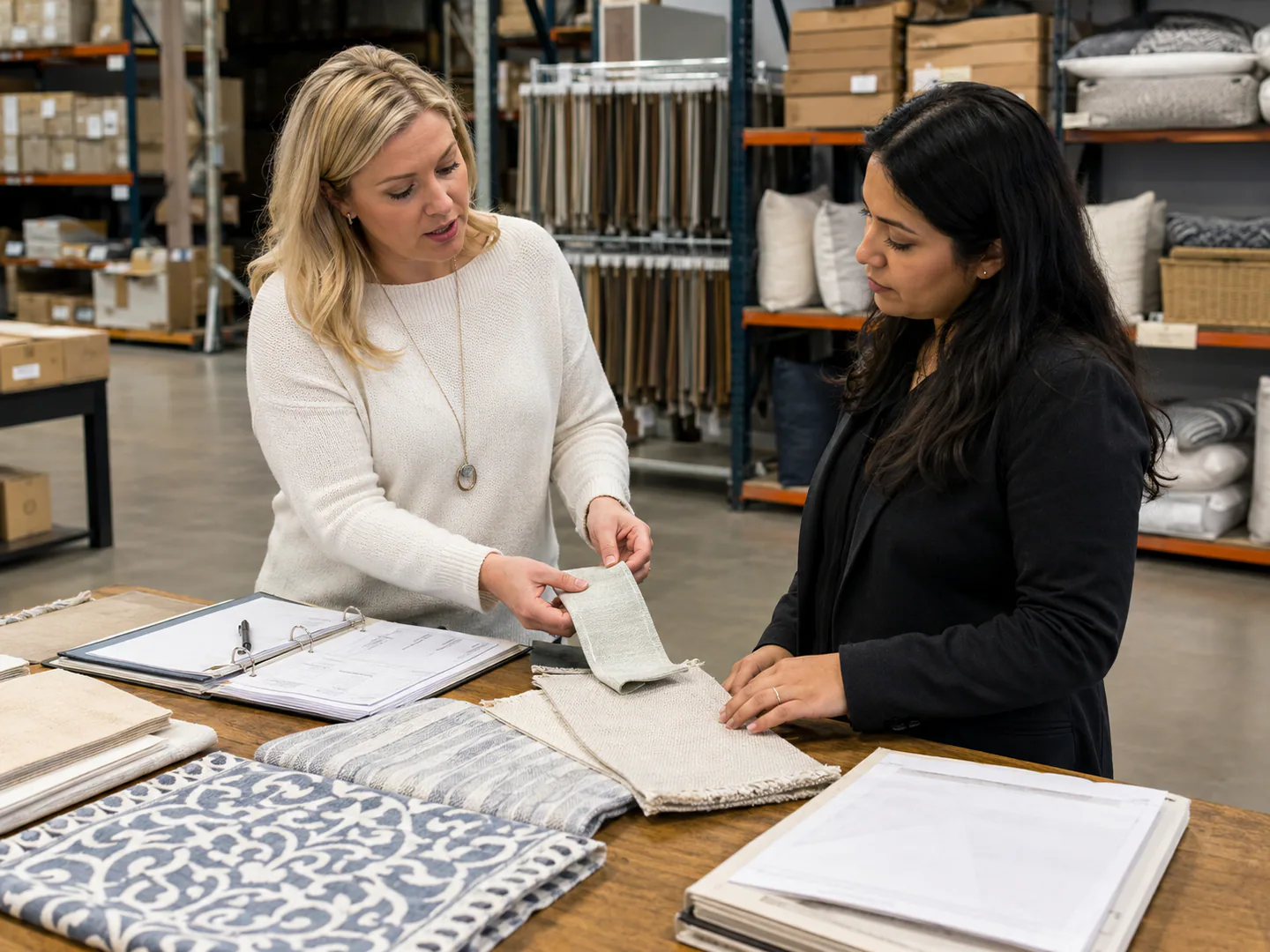 Wholesale representative reviewing line sheet quantities and delivery needs with a buyer
