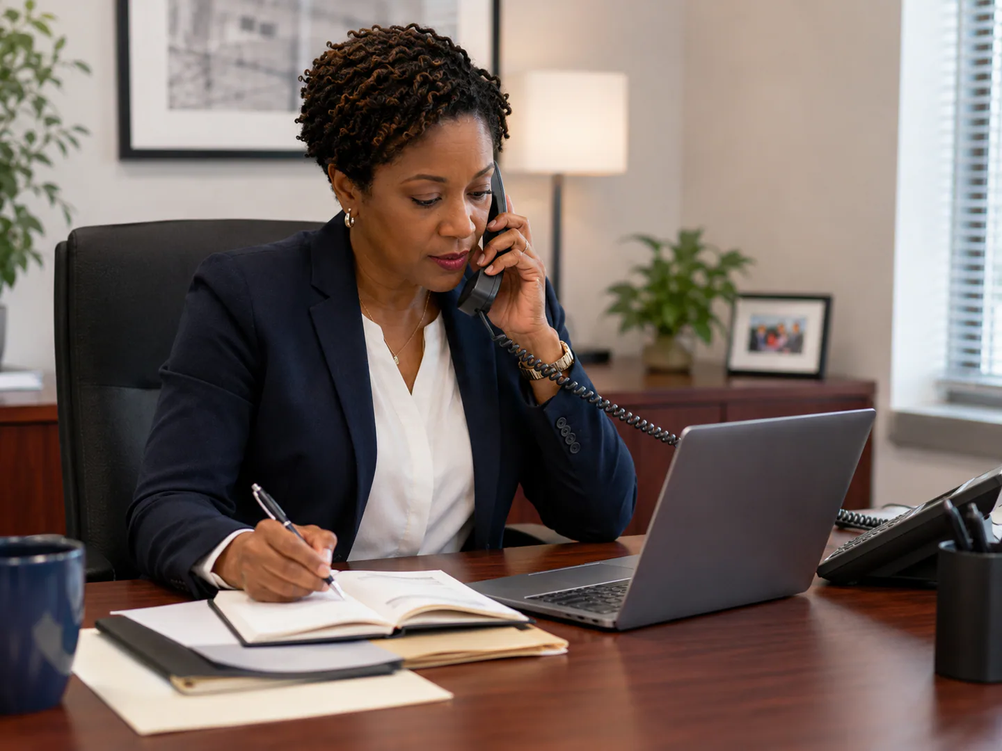 Professional reviewing stages, documents, and next steps with a business owner