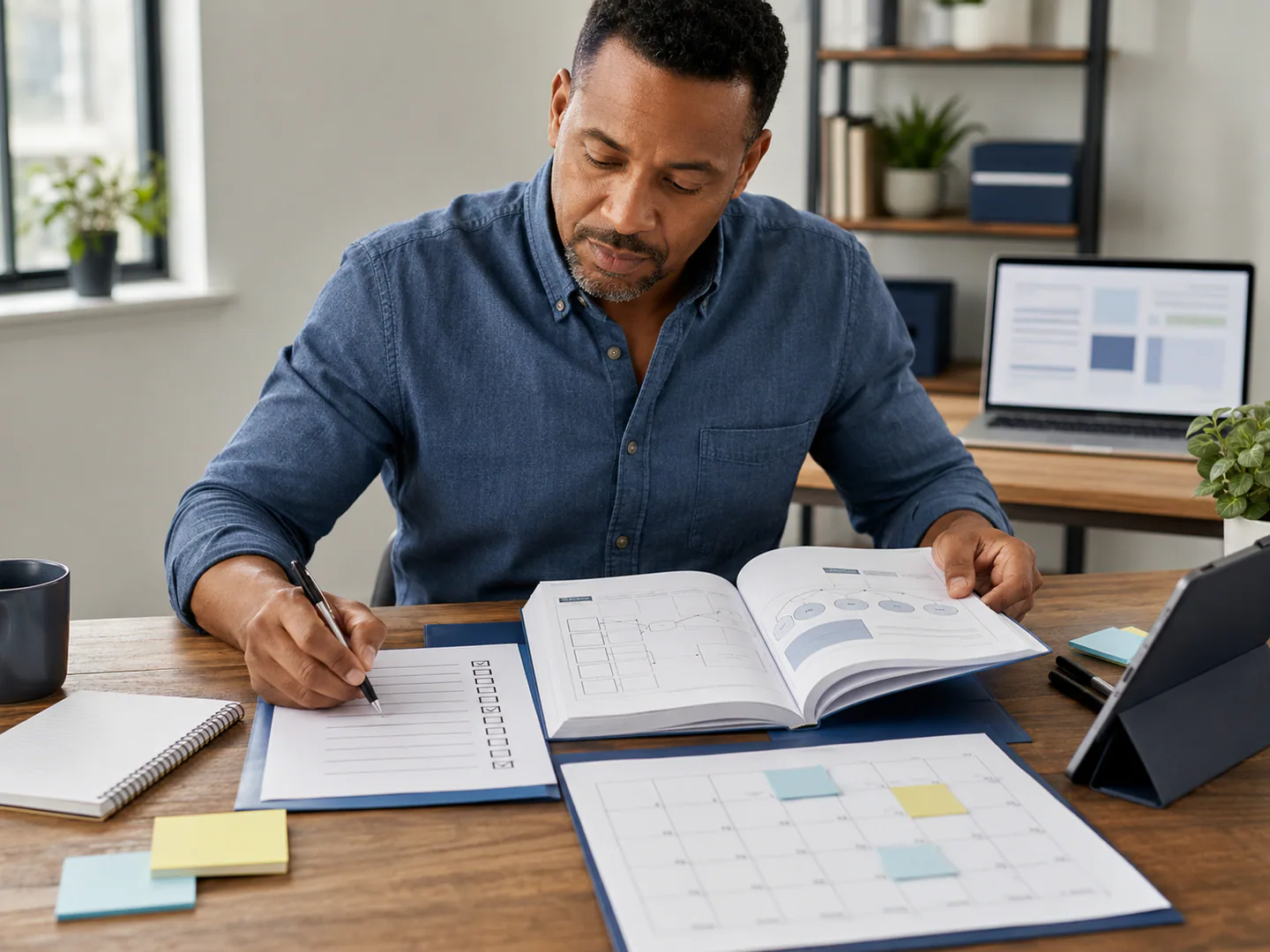 Business owner reviewing course materials and a simple business plan