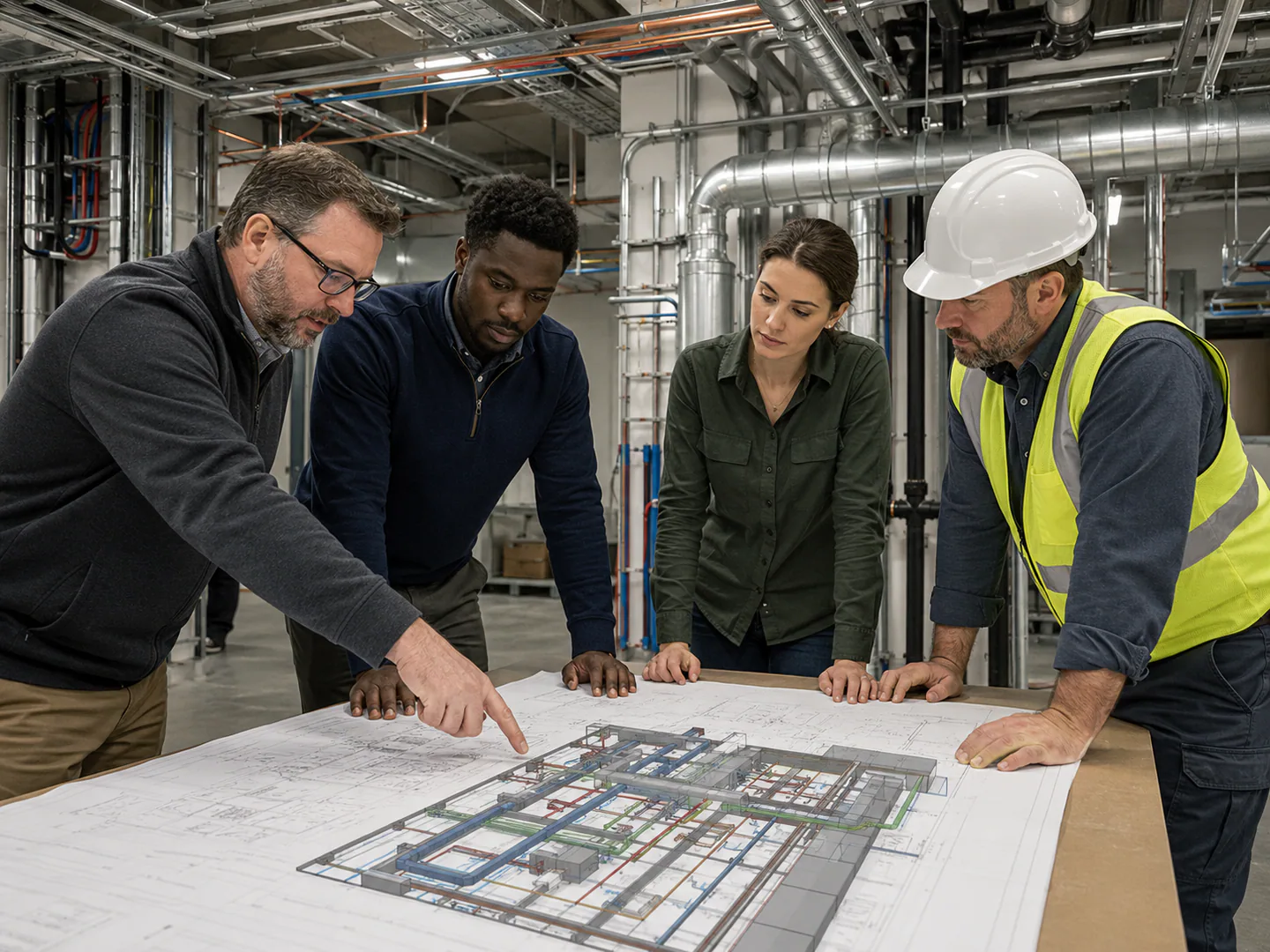 Civil engineering team reviewing infrastructure plans and site conditions