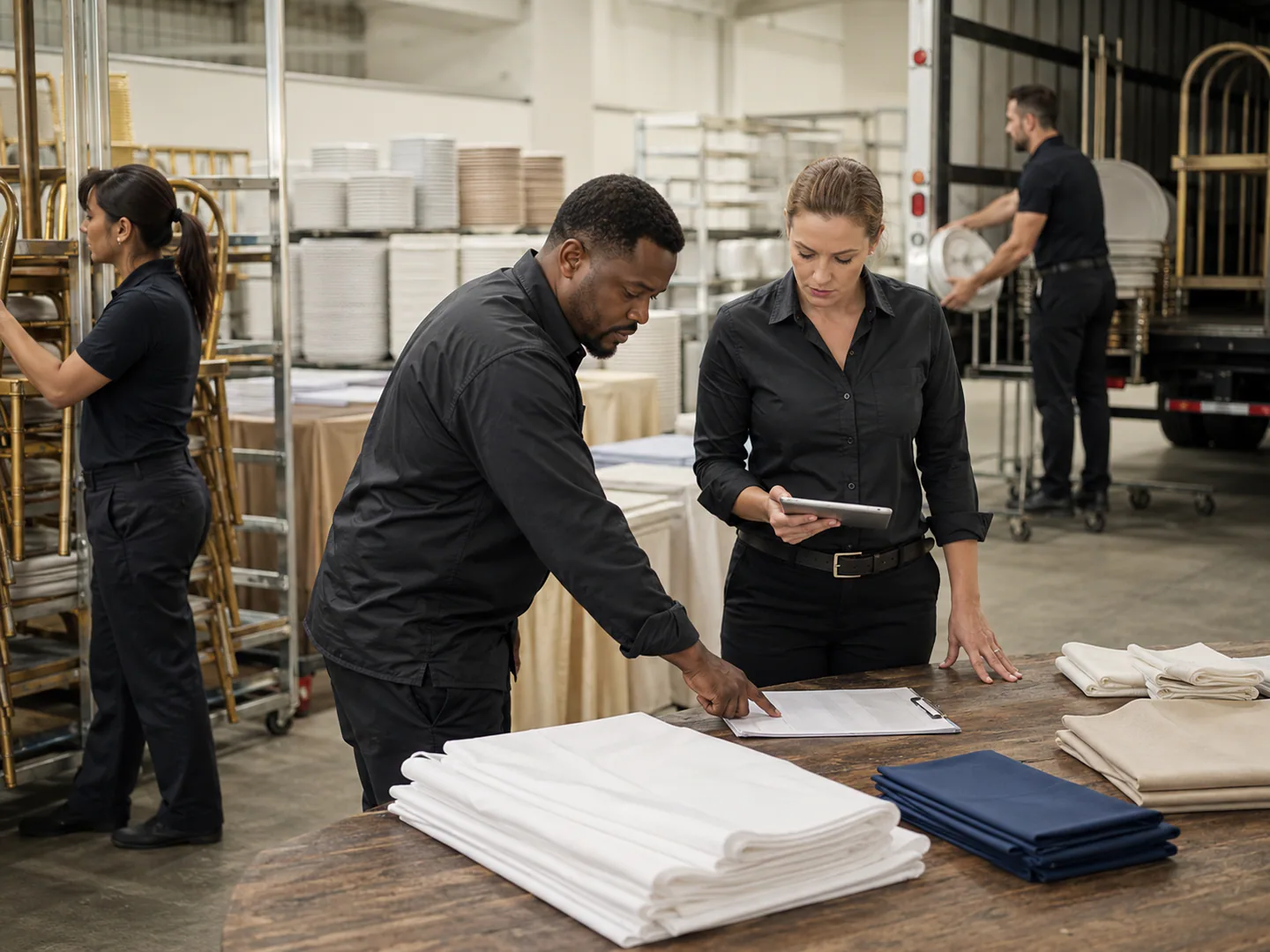 Event rental team coordinating inventory delivery and event timing