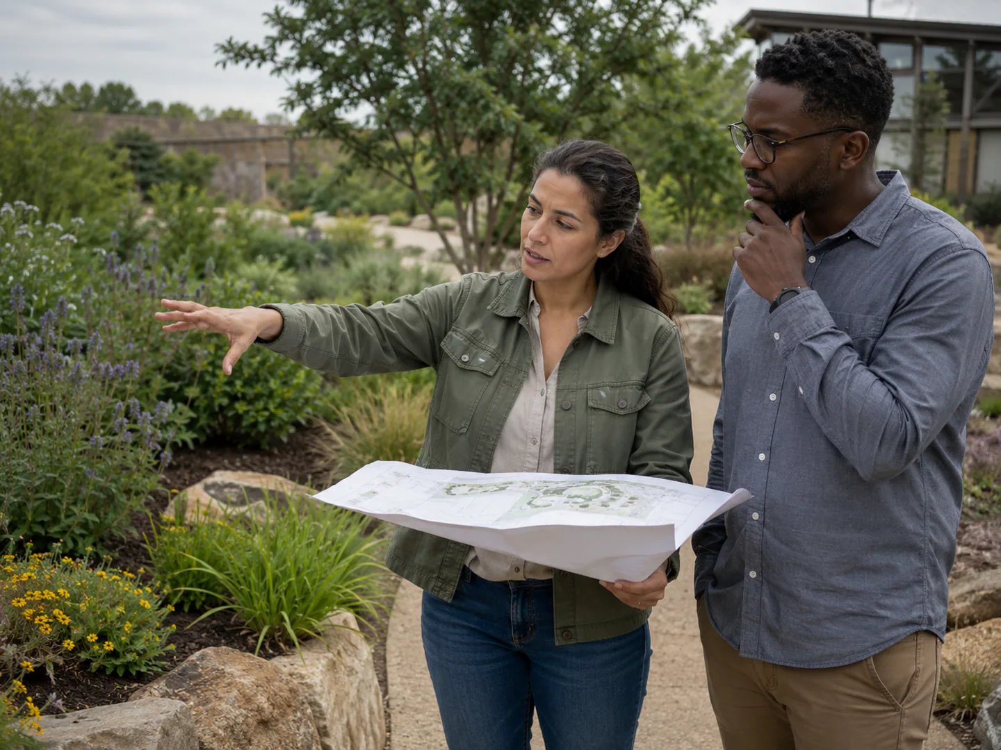 Landscape architect reviewing a site plan and outdoor environment