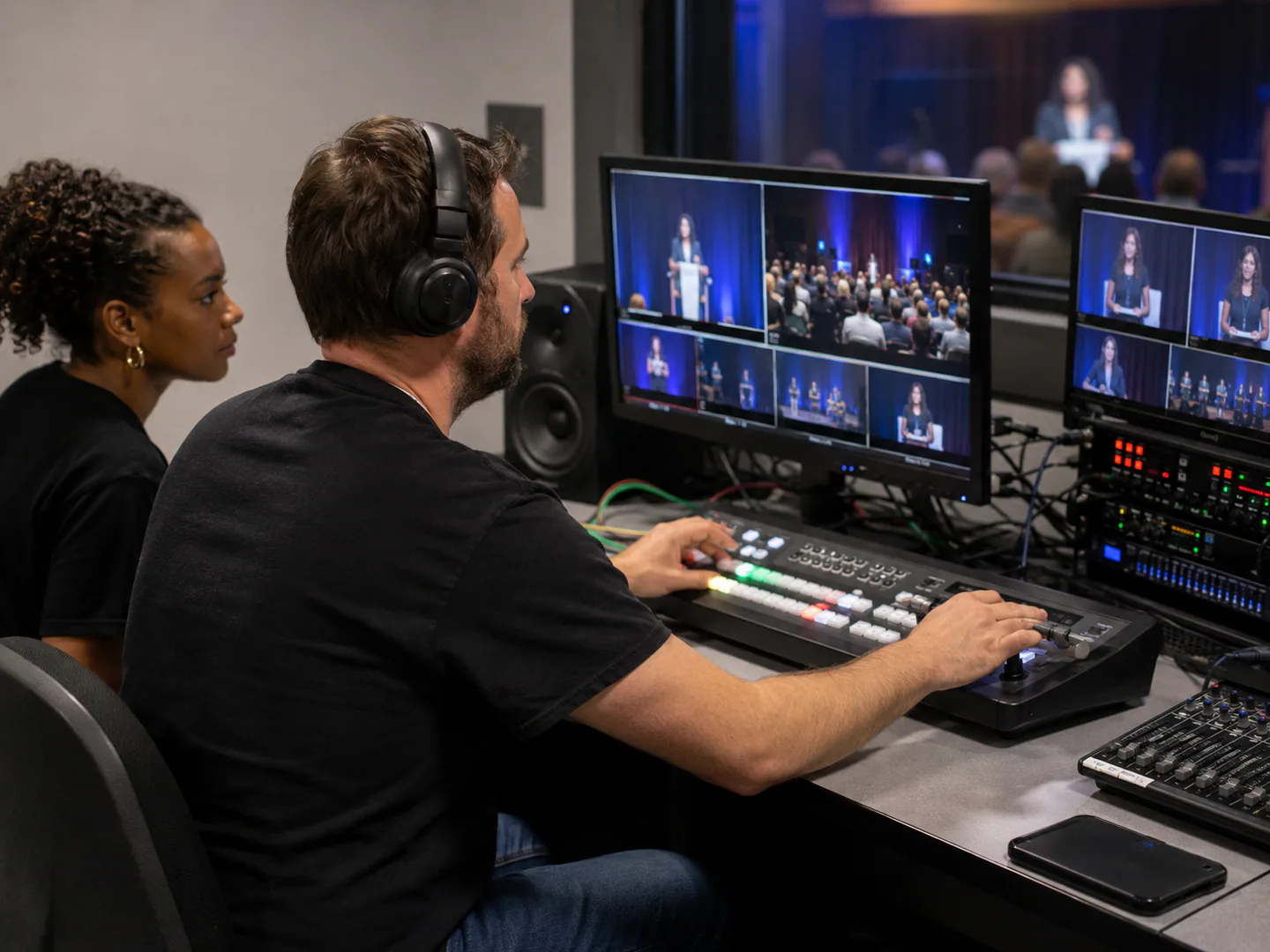 Streaming team managing a real live broadcast with approved content