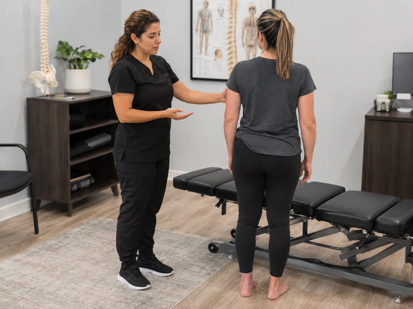 Chiropractic professional conducting a non-graphic consultation in a professional office