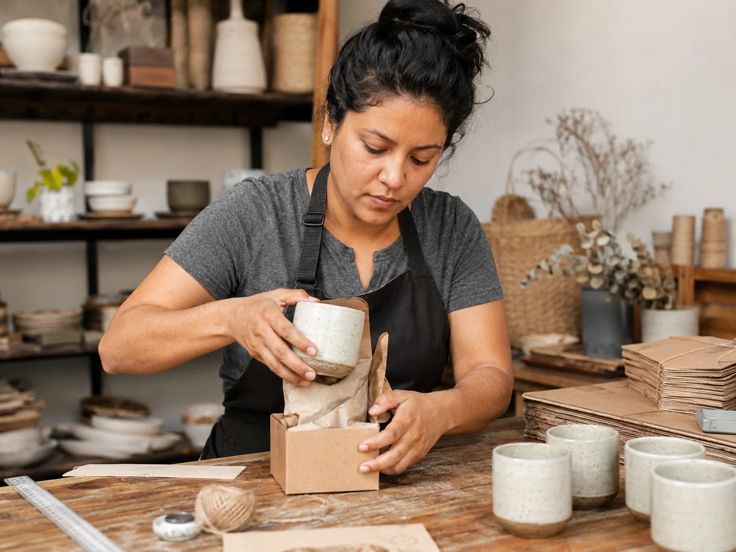 Etsy shop maker preparing handmade products and order packaging