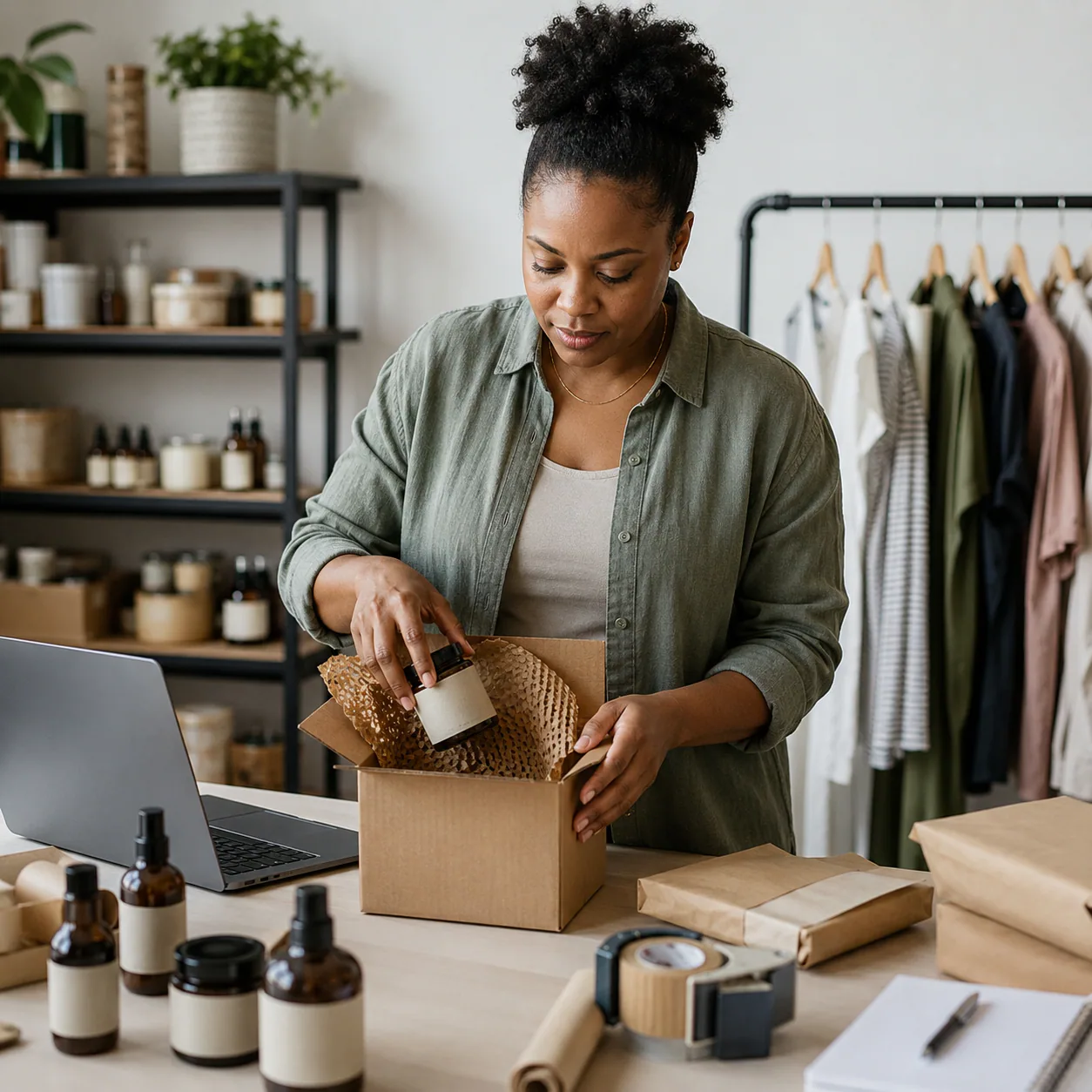 Online store owner packing a customer order