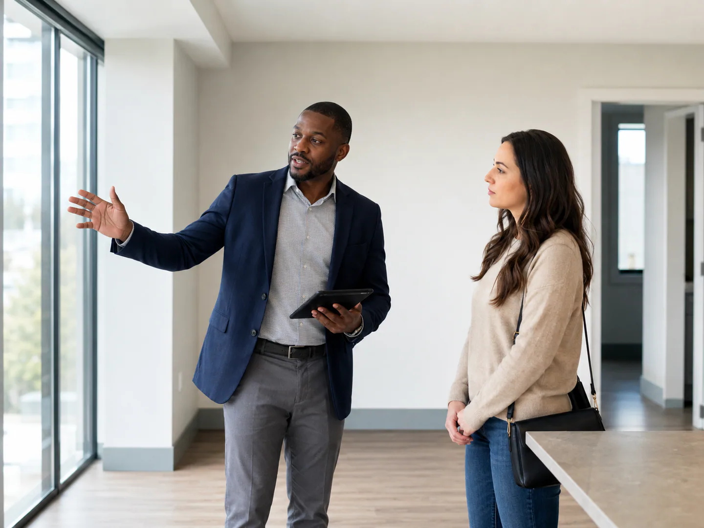 Commercial real estate professional presenting property options