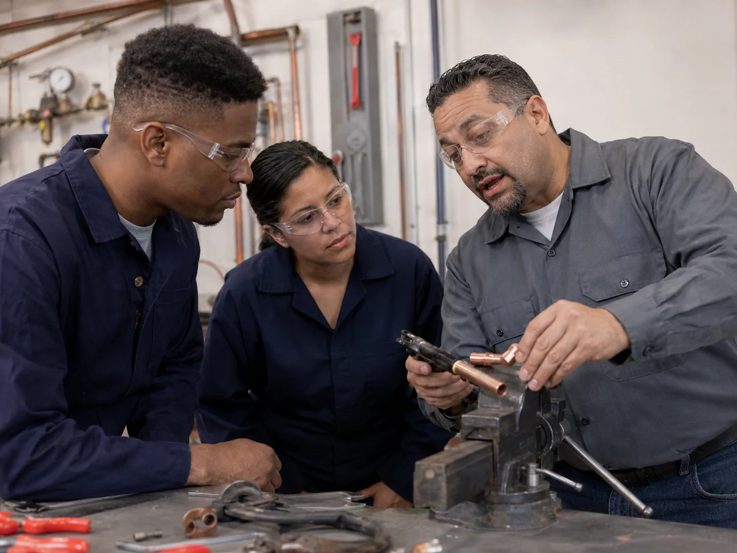 Trade school instructor demonstrating an approved practical skill safely