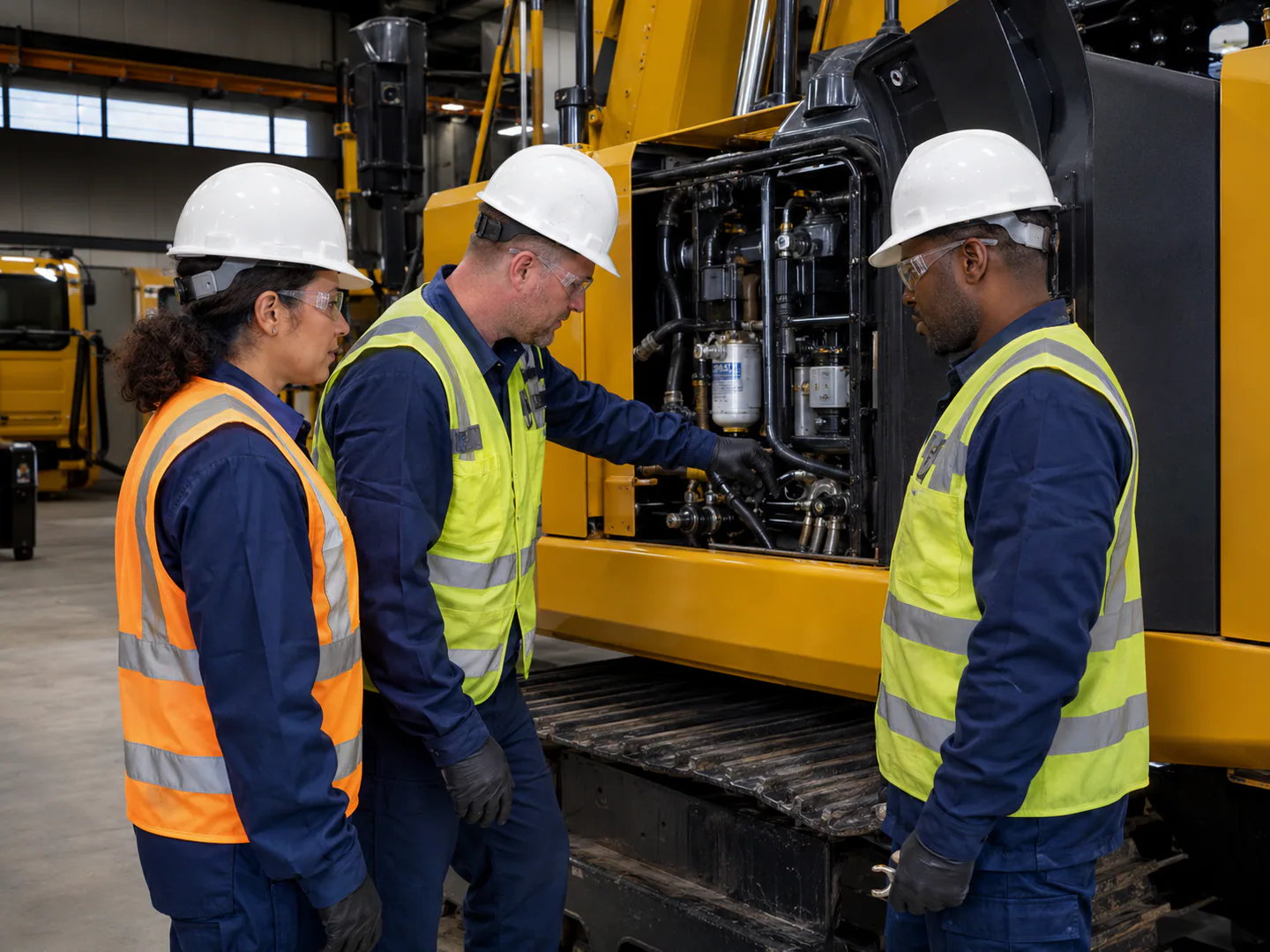 Heavy equipment technician servicing machinery in a professional yard