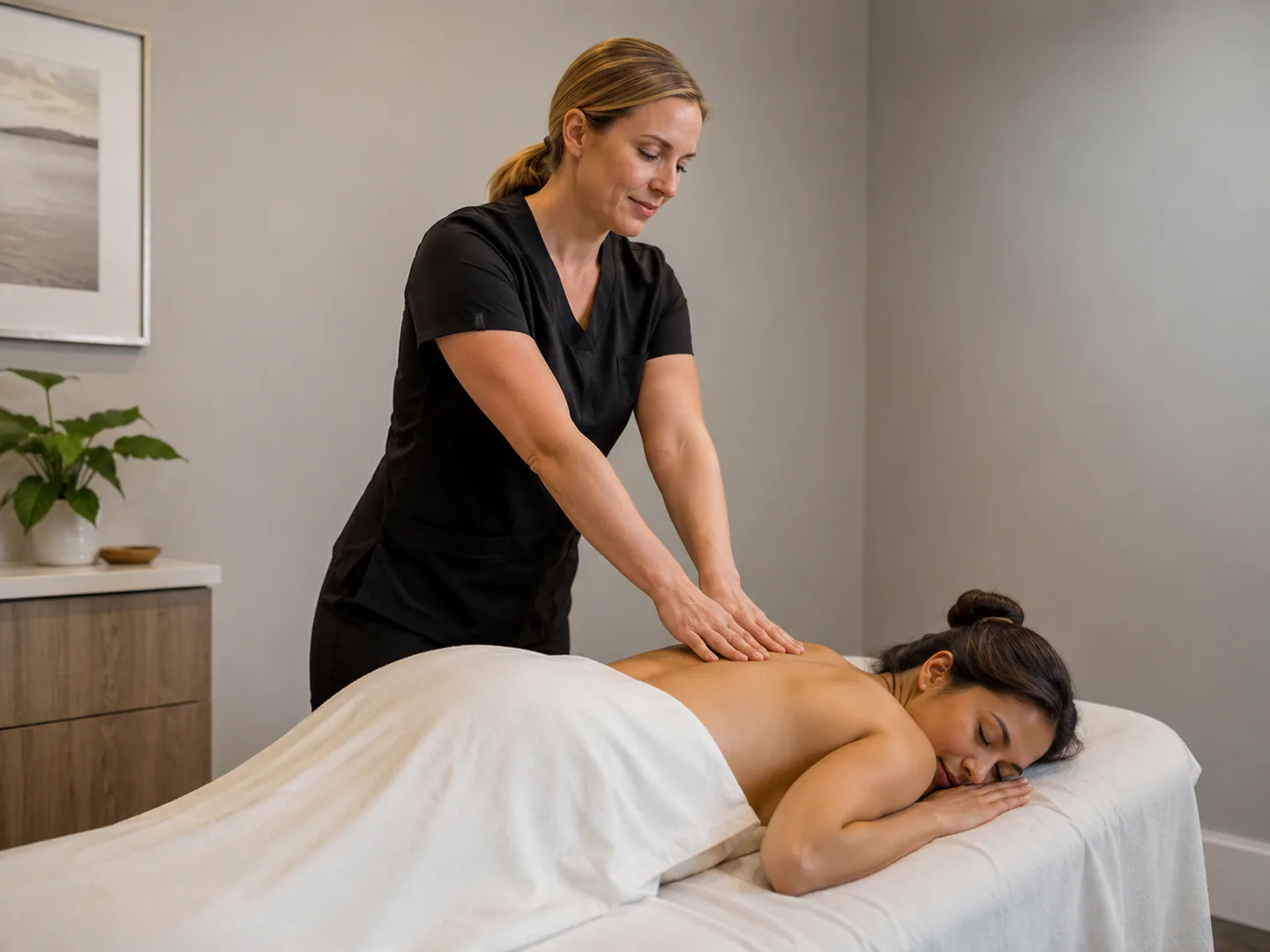 Massage professional conducting a general consultation in a privacy appropriate wellness setting