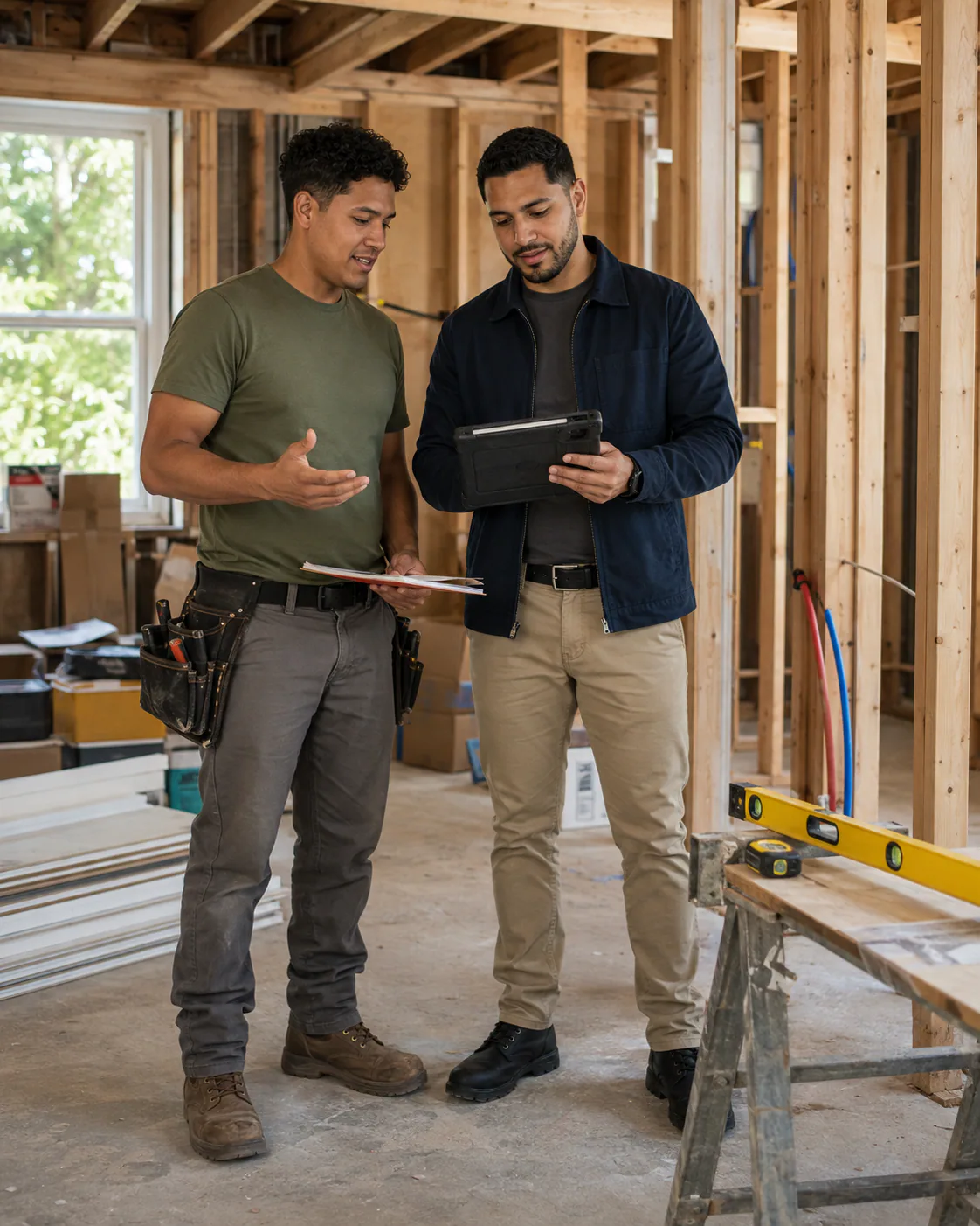 Dale Works reviewing business development with a contractor on an active construction site