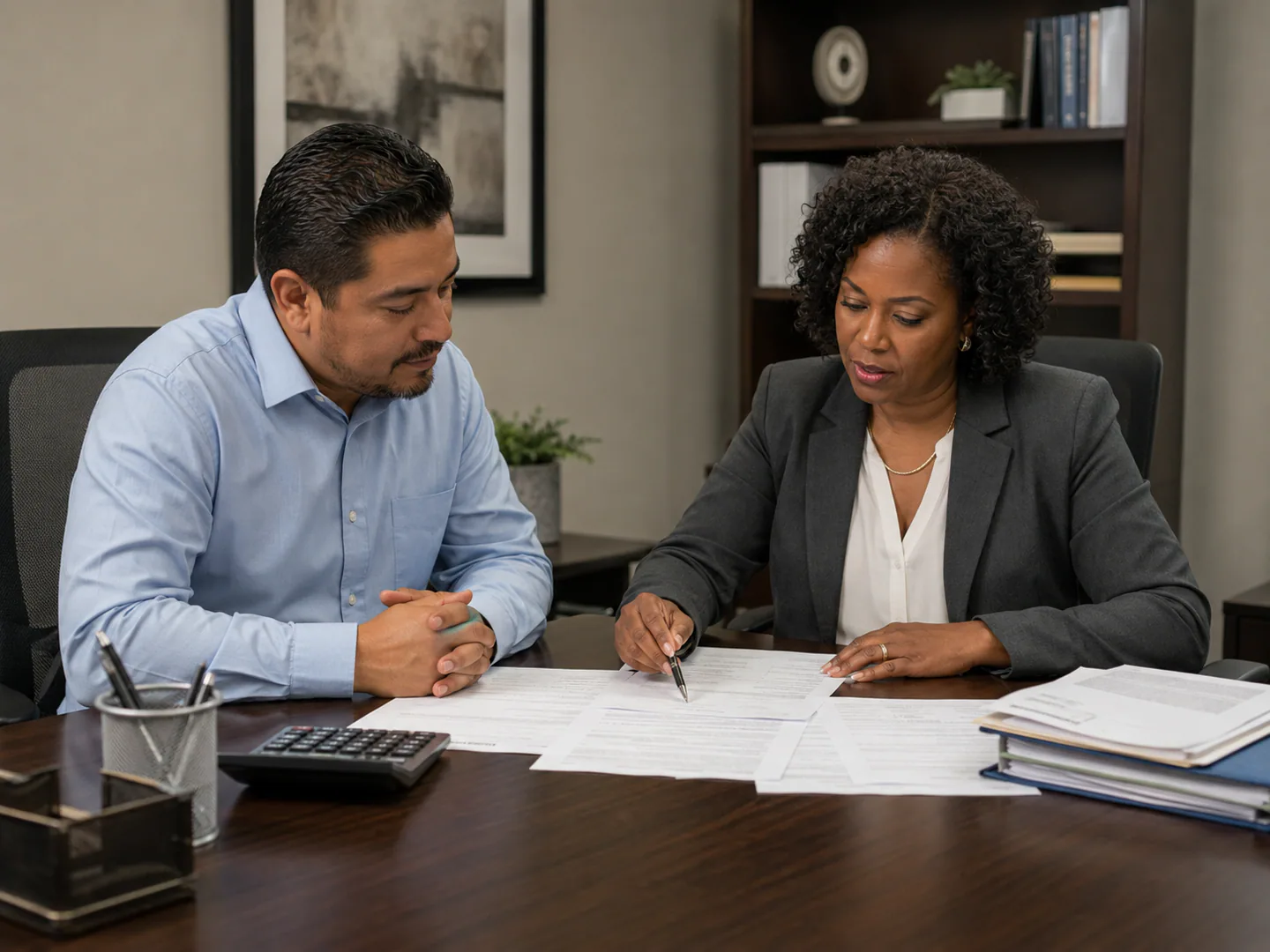 Business law professional meeting with an owner about an approved service process