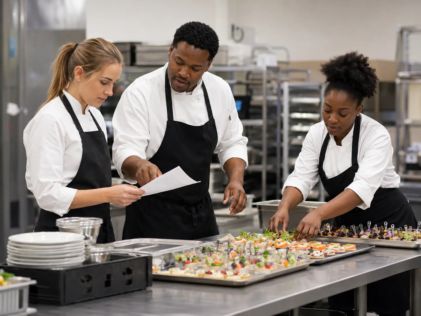 Catering professional reviewing an event package with a planner