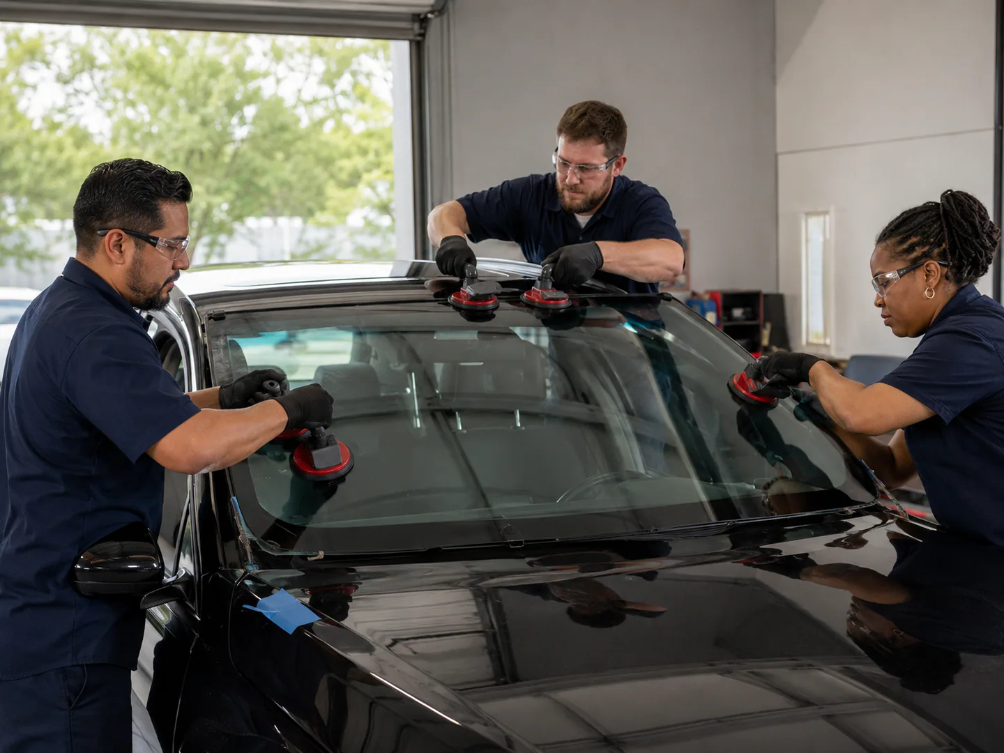 Auto glass technician replacing or repairing vehicle glass
