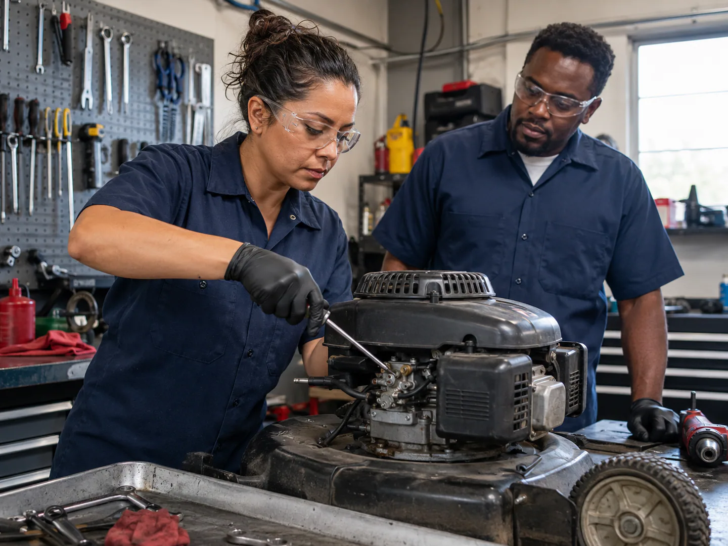 Small engine technician repairing outdoor power equipment
