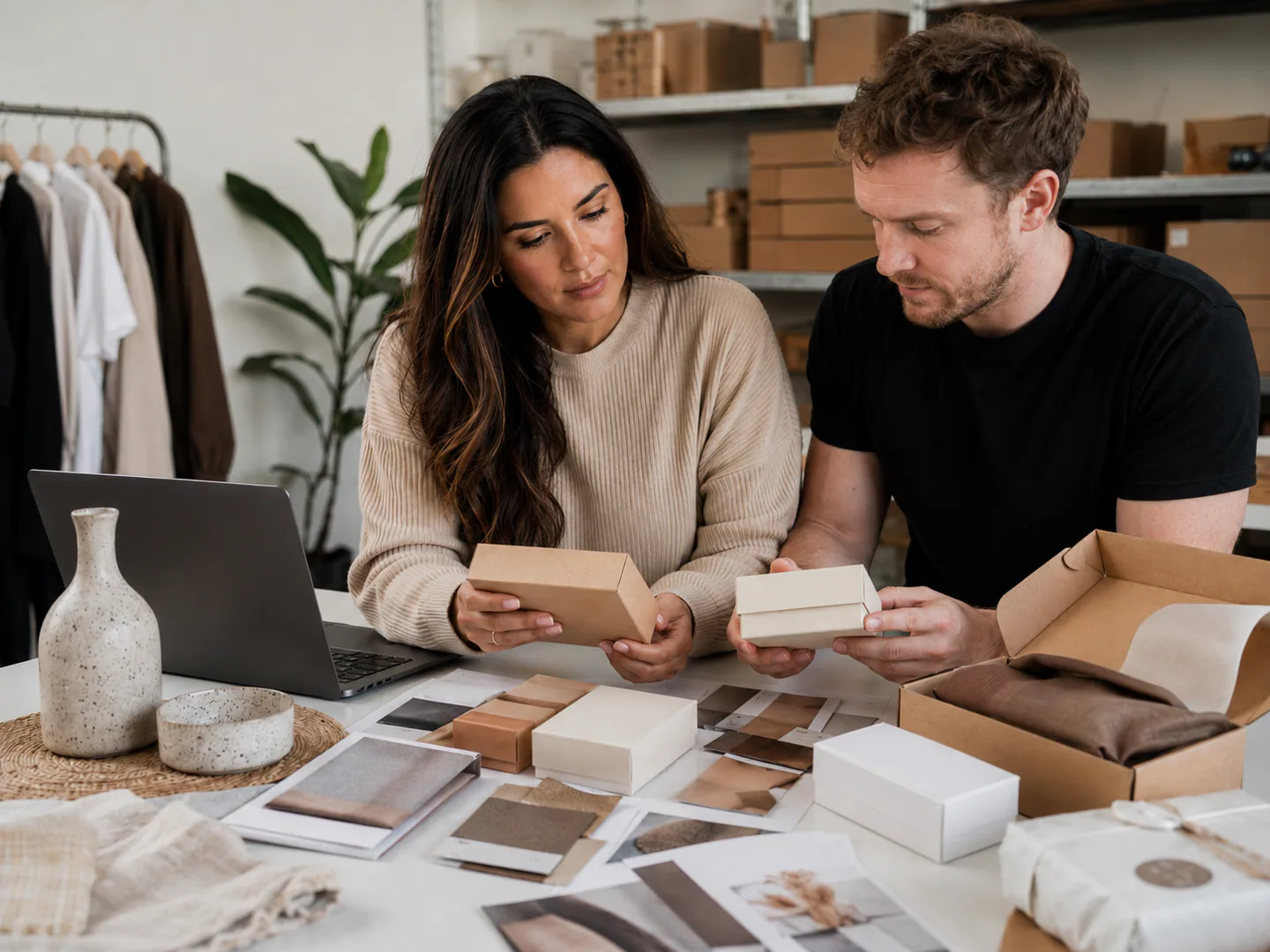 Team organizing a catalog, photographs, and product information