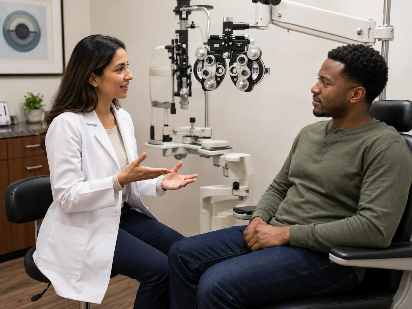 Optometry professional explaining a general eye care process without visible patient data