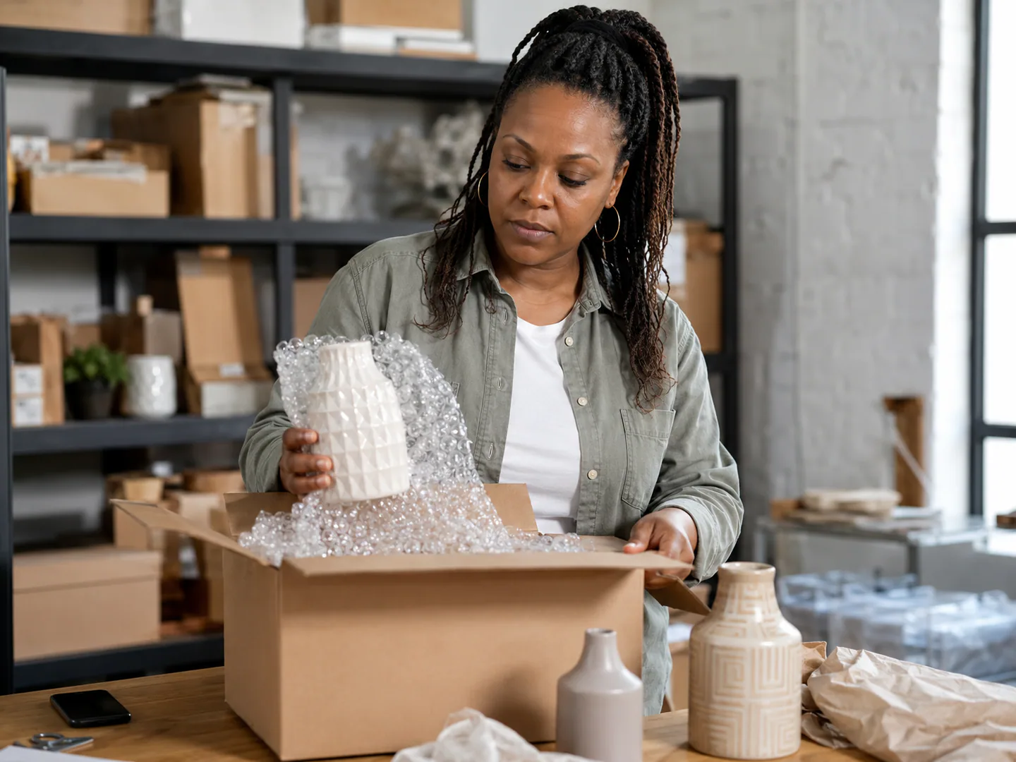 Amazon seller preparing real product listing photography and packaging