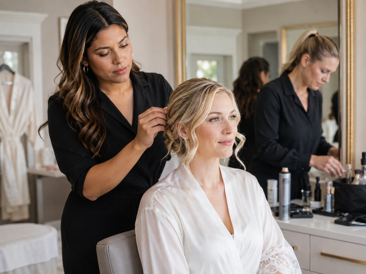 Bridal beauty team coordinating hair and makeup for a client and event party