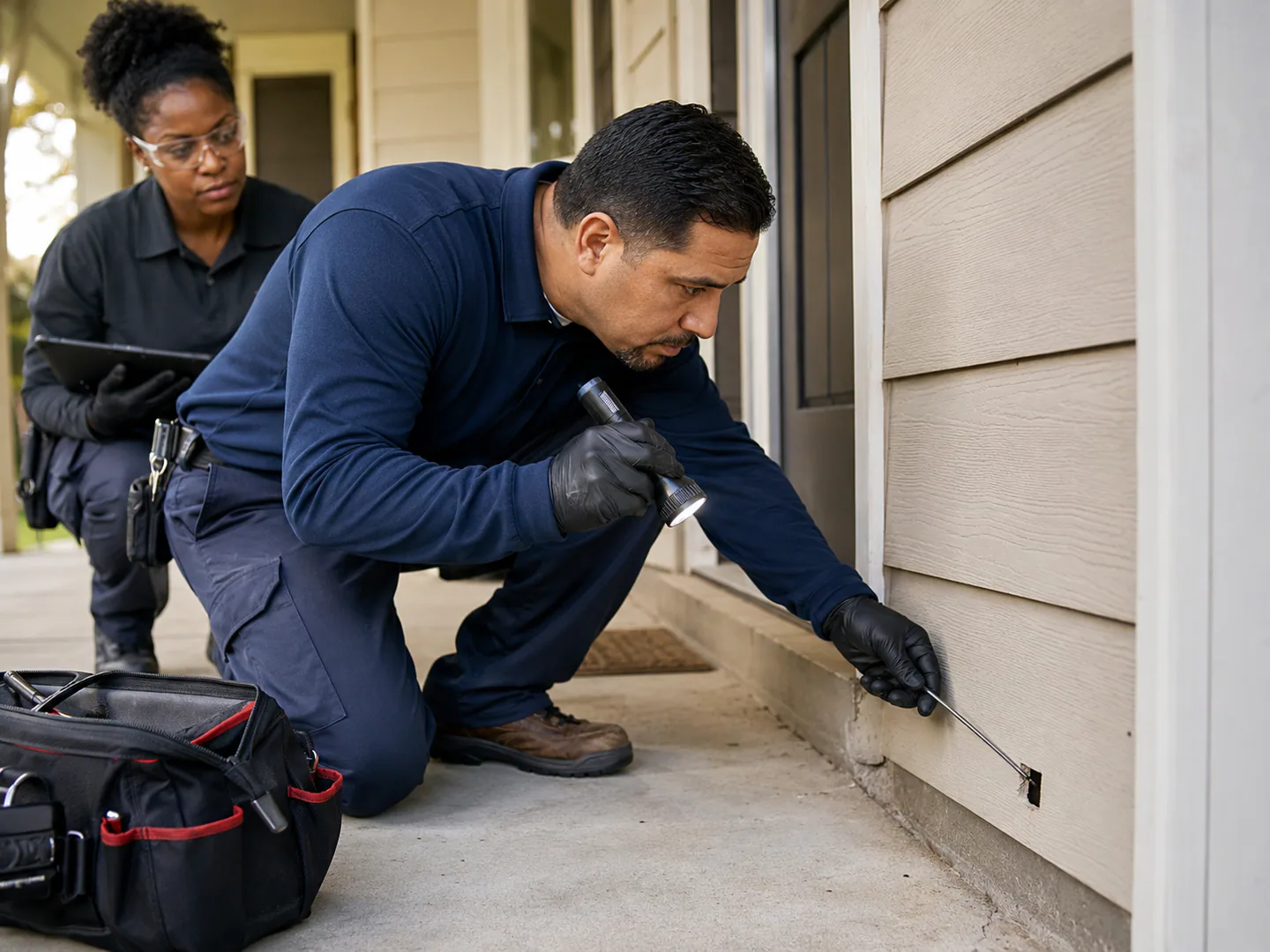 Licensed pest control technician inspecting a property