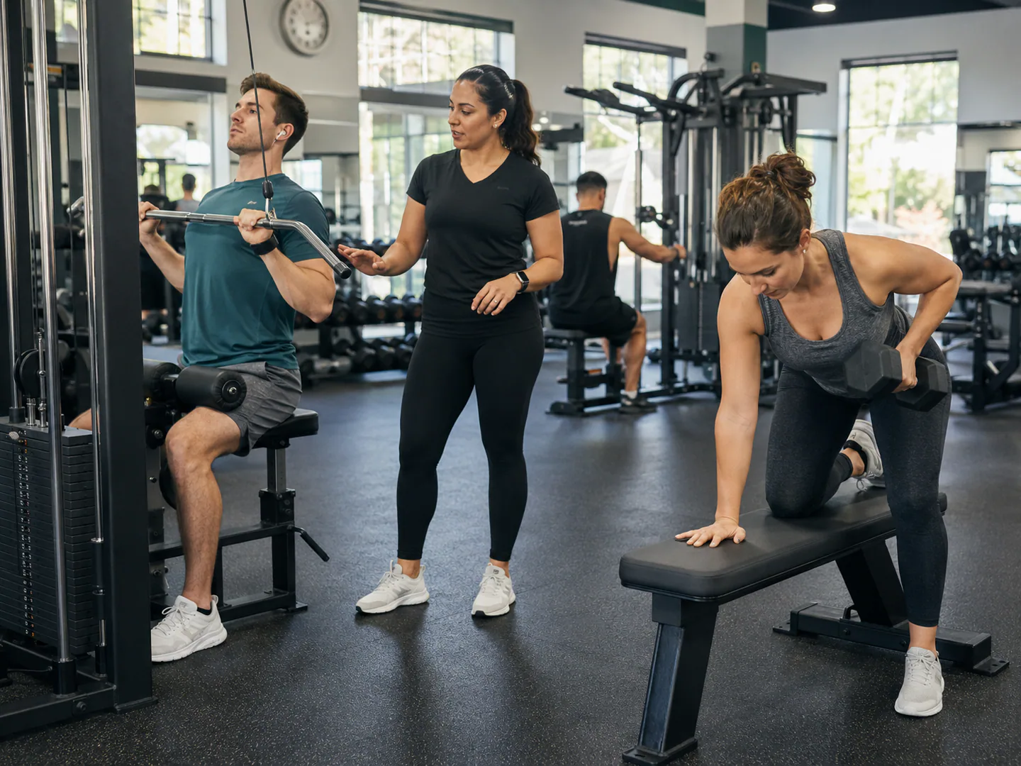 Diverse gym members and staff actively using a clean professional facility