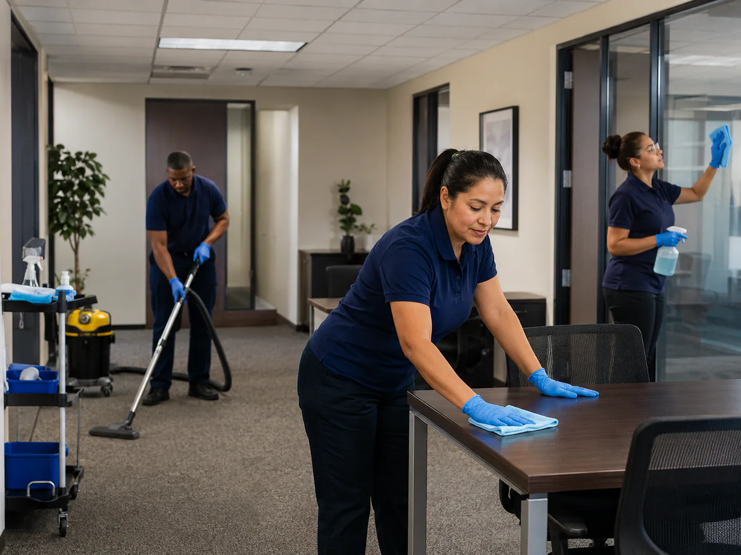 Commercial cleaning team working in a business facility