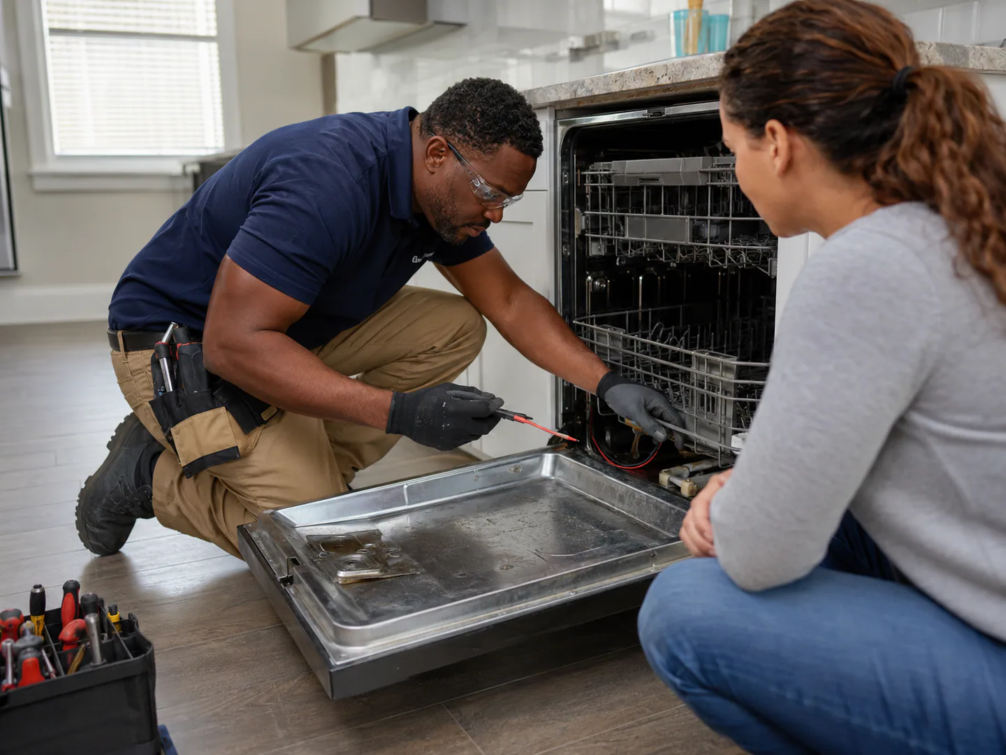 Appliance repair technician diagnosing equipment in a real home