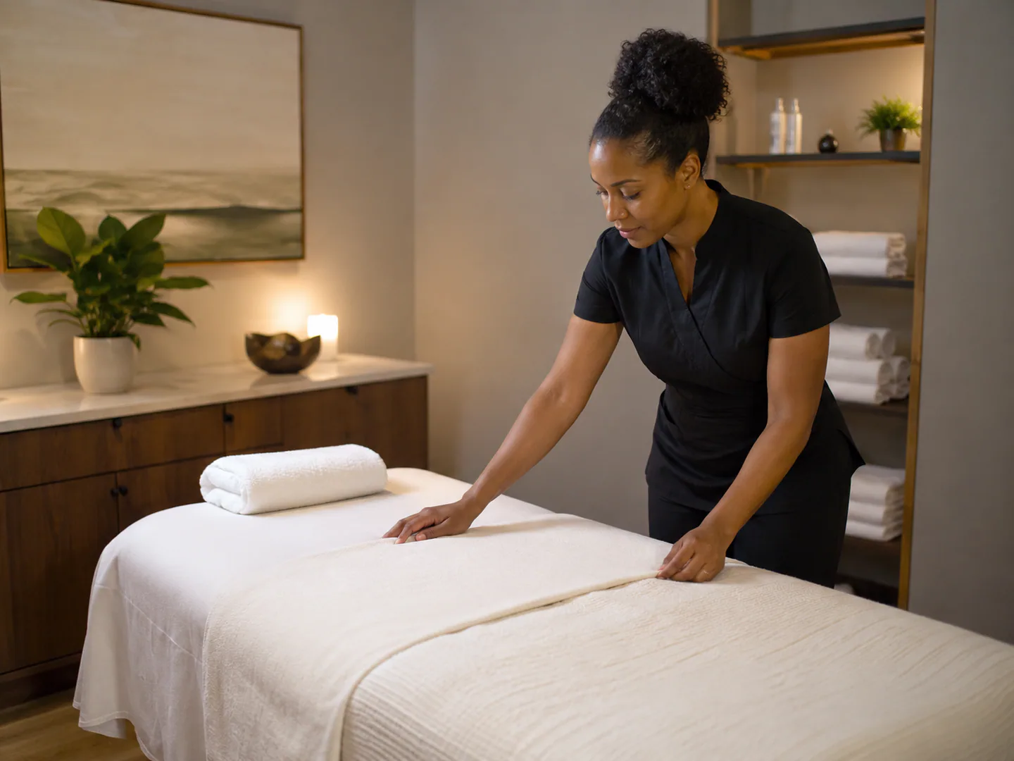 Non-medical spa professional preparing a calm polished service environment