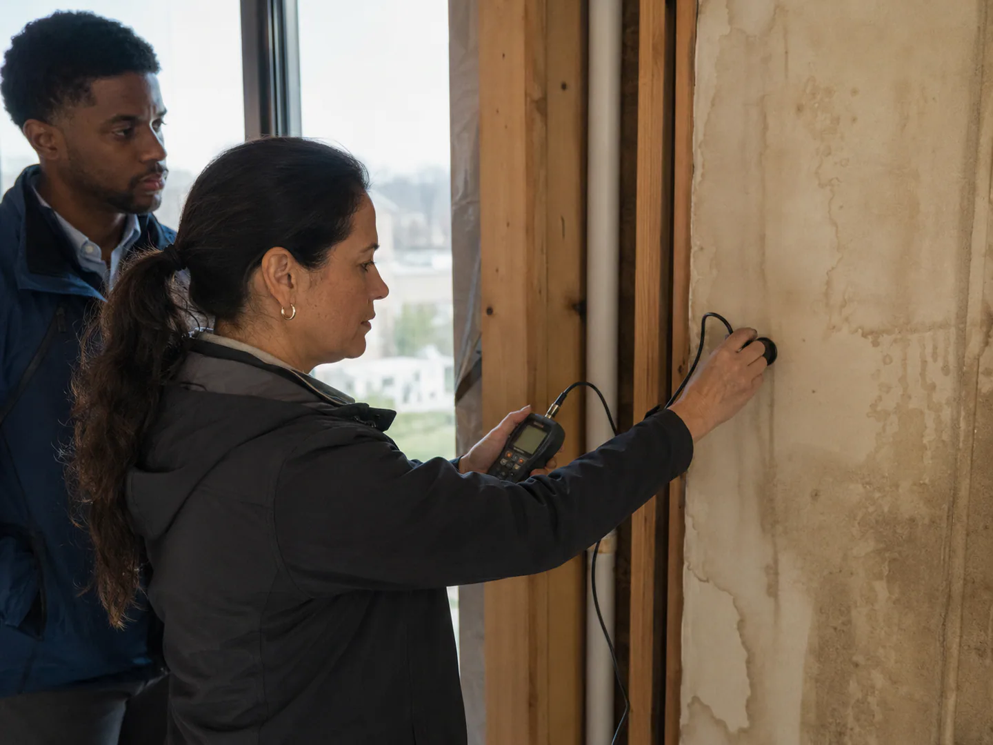 Building science professional inspecting enclosure performance