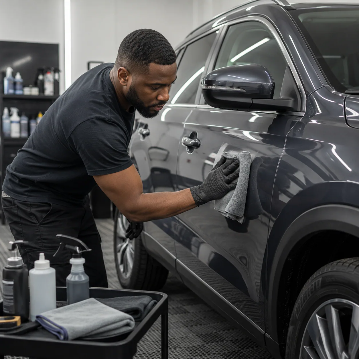 Automotive detailer cleaning a vehicle