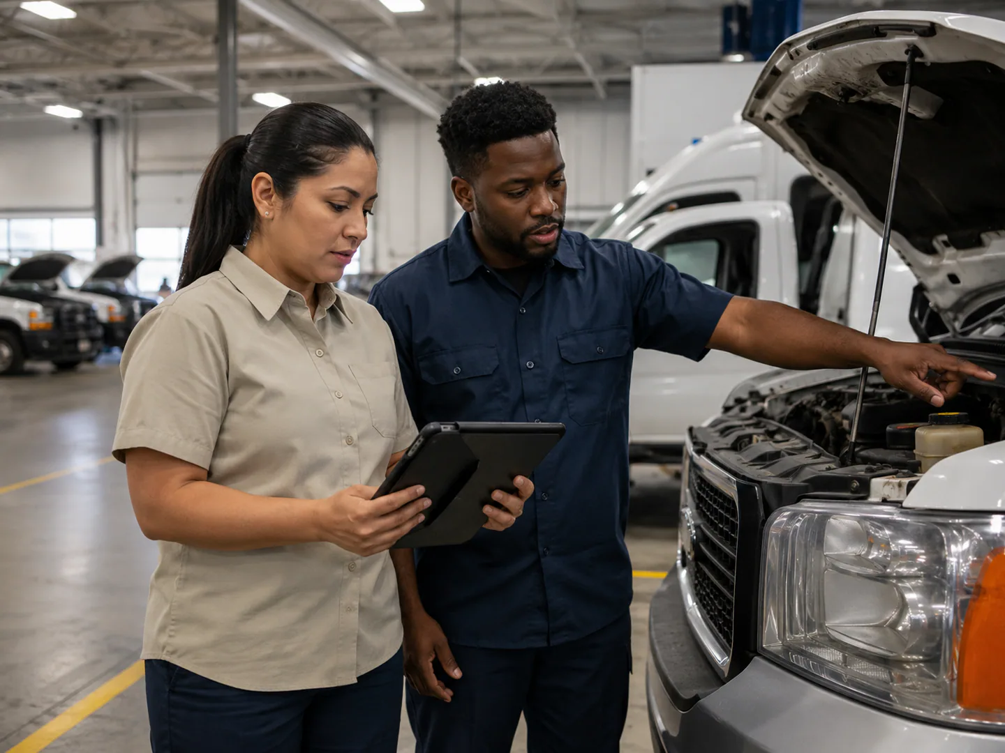 RV or boat technician inspecting a large recreational vehicle