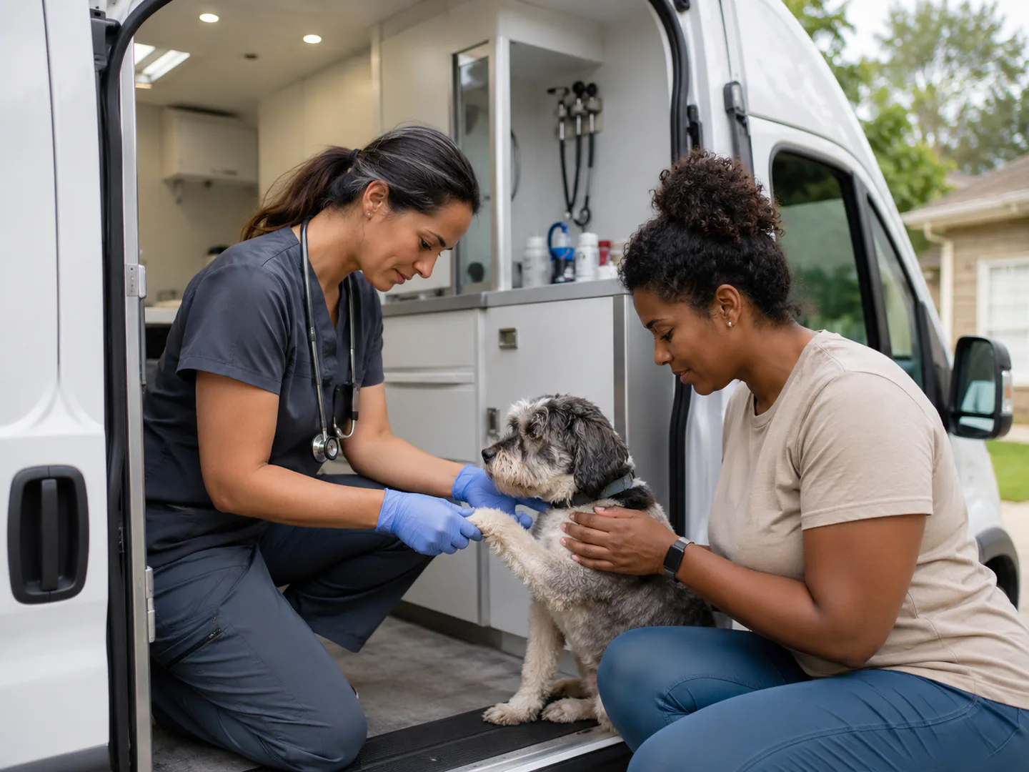 Mobile veterinary professional arriving prepared for a home visit with a pet owner