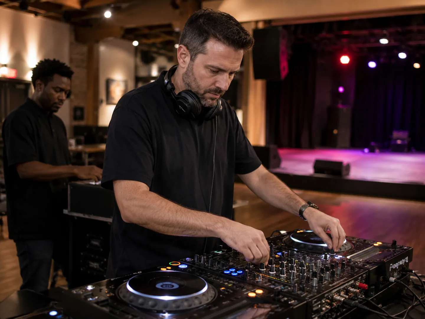 DJ or music professional preparing equipment for an approved performance