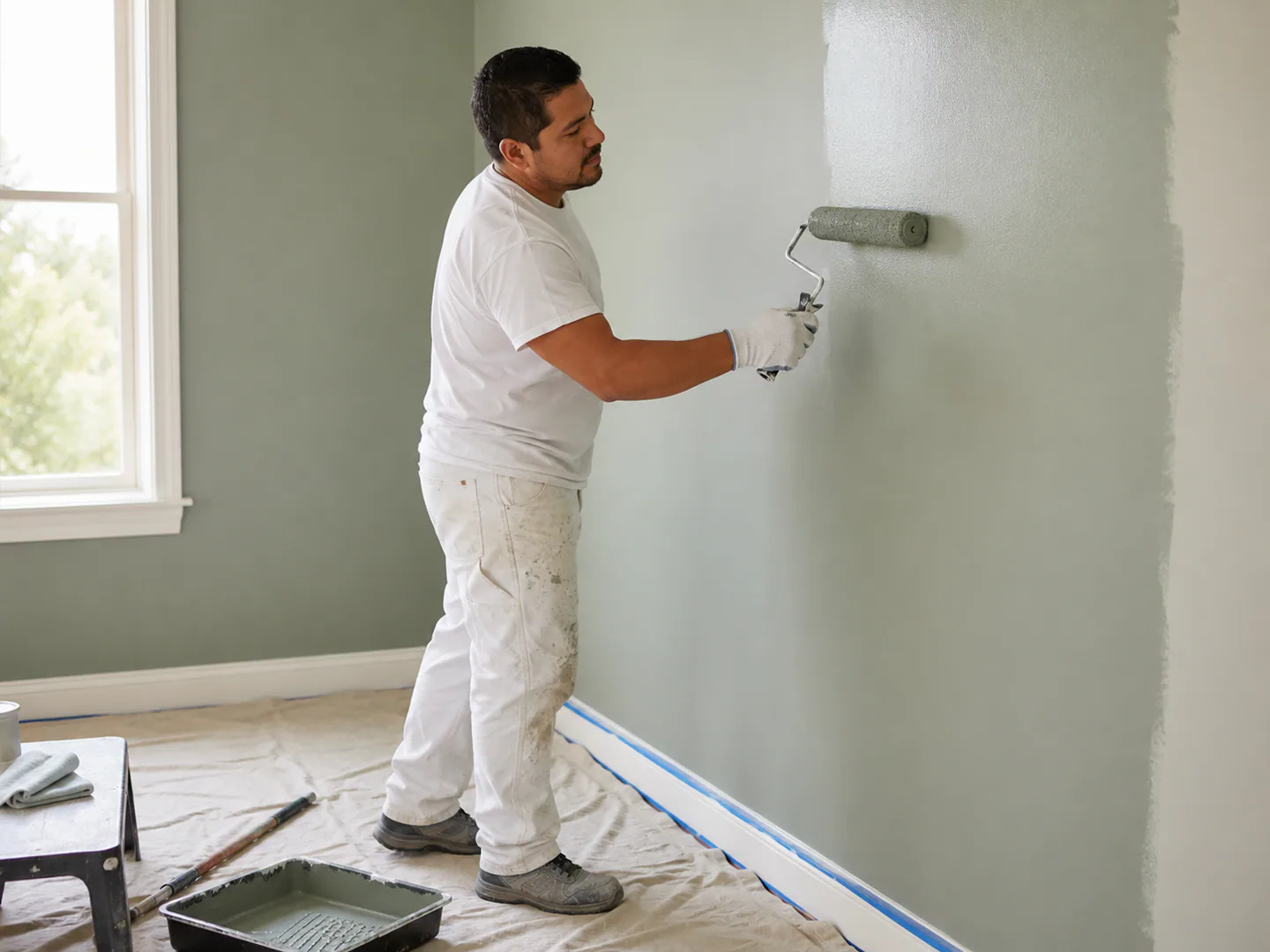 Residential painter preparing and coating a wall