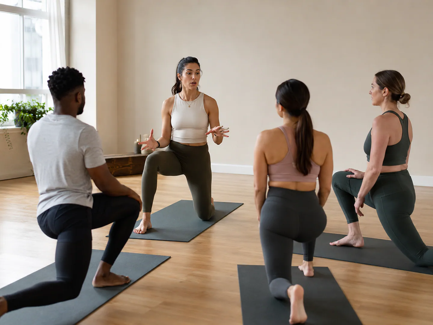 Inclusive yoga class guided by a qualified instructor in a calm studio