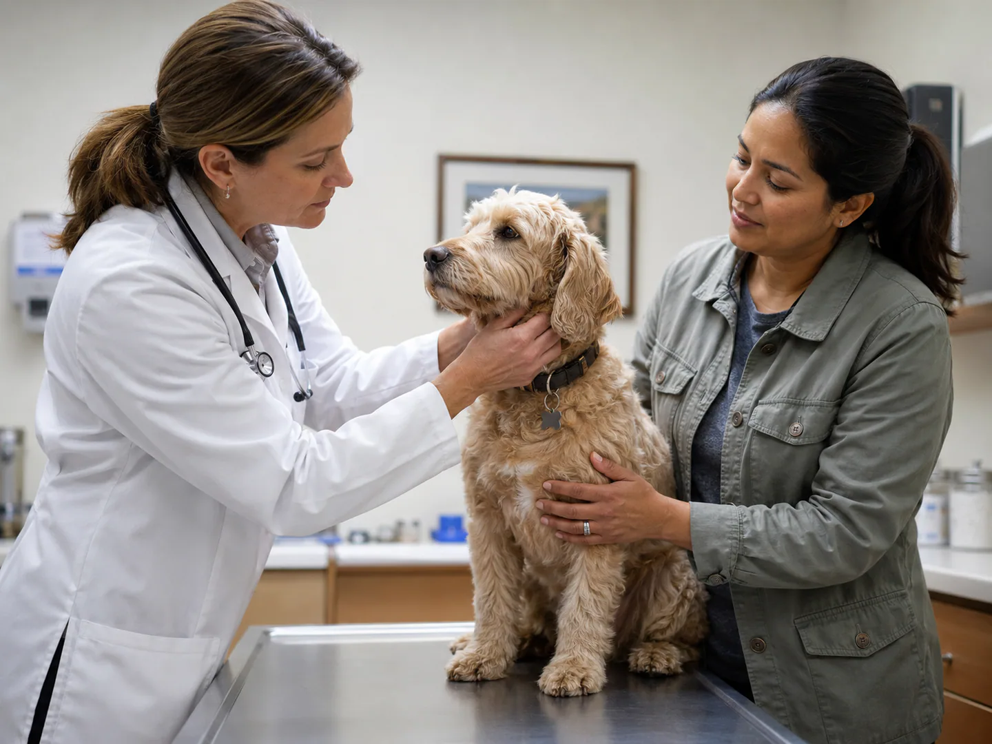 Veterinary professional interacting with a pet and owner in a calm clinic