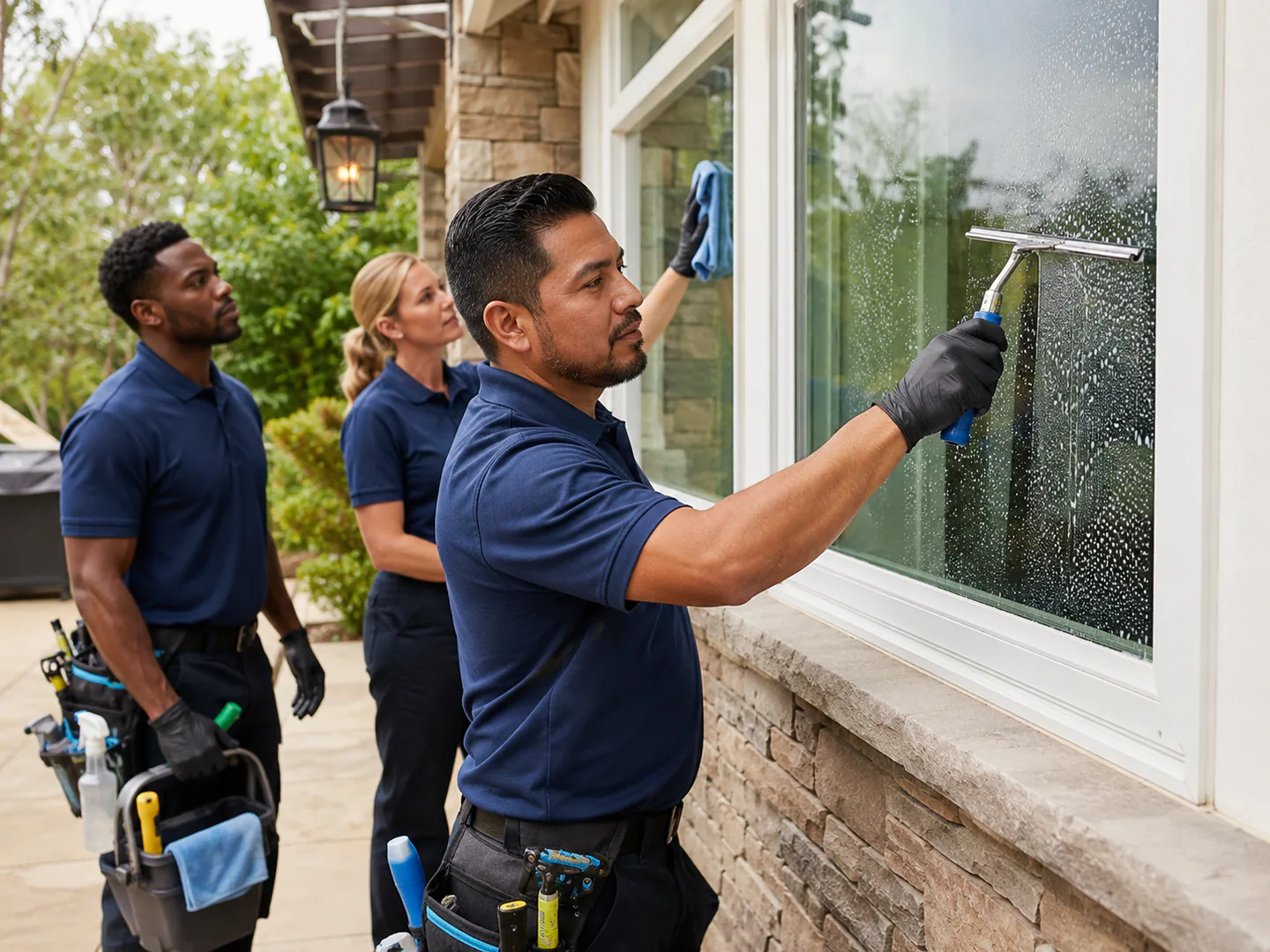 Window cleaning professional working safely on a real property