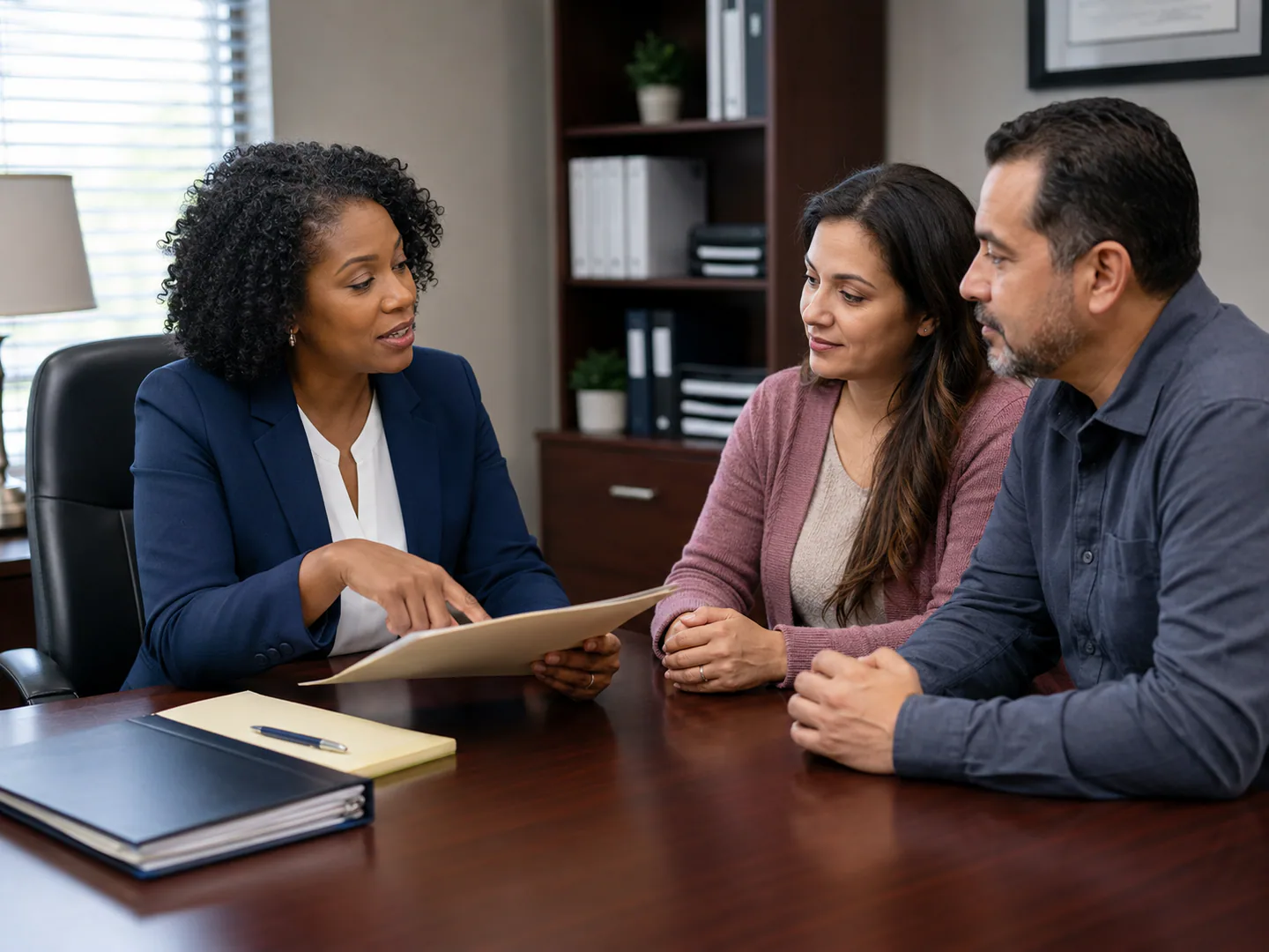 Law firm professional conducting a private initial meeting without readable confidential documents