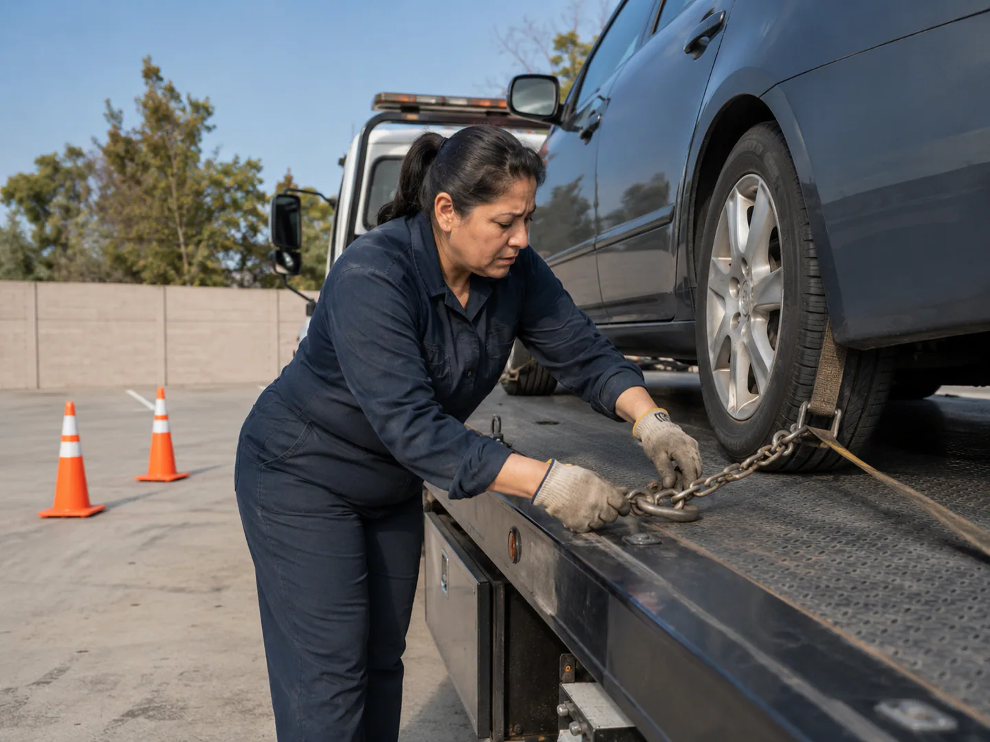 Towing professional loading a vehicle safely at roadside