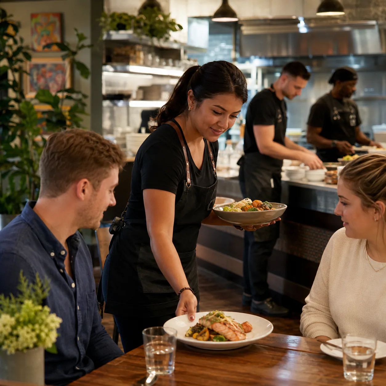 Hospitality team preparing and serving customers