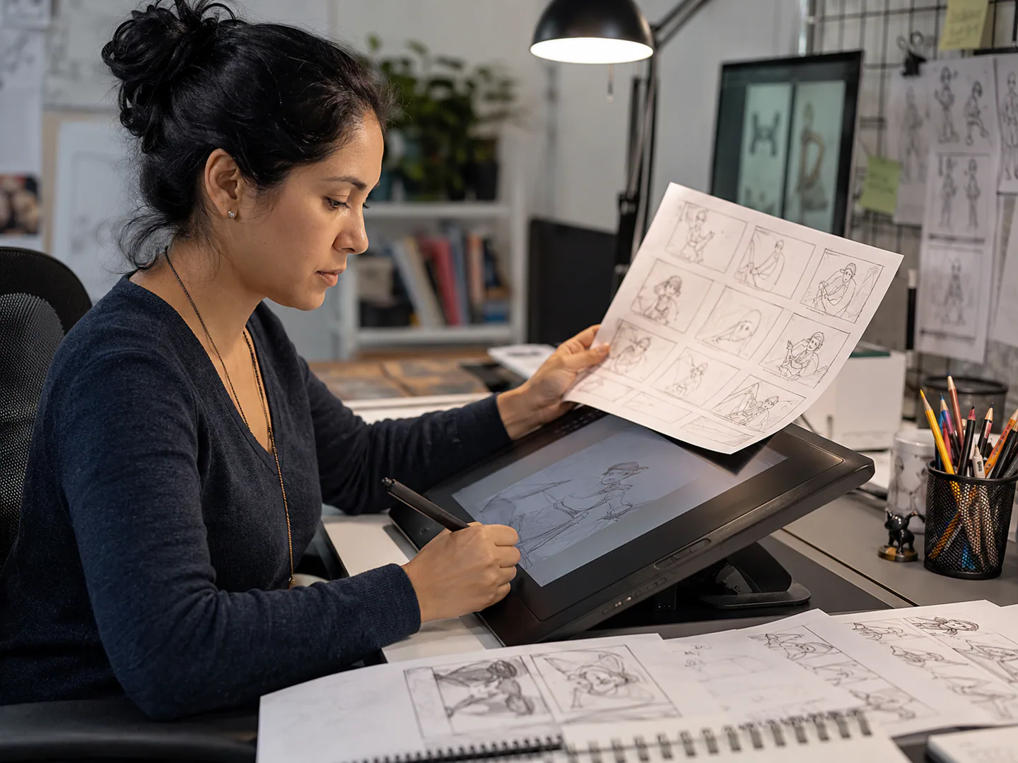 Animation professional reviewing storyboards timing and approved production assets